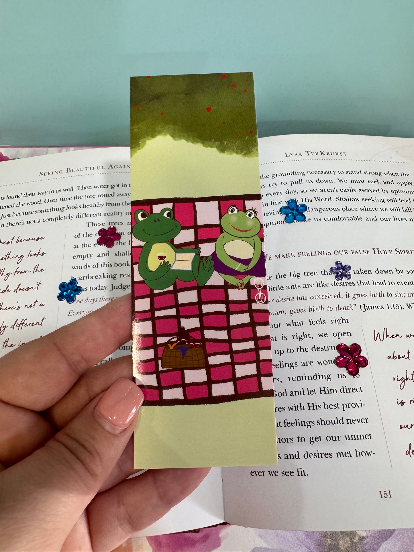 Boyfriend and Girlfriend Bookmark, Frogs On A Picnic Date, Hand Drawn Page Saver