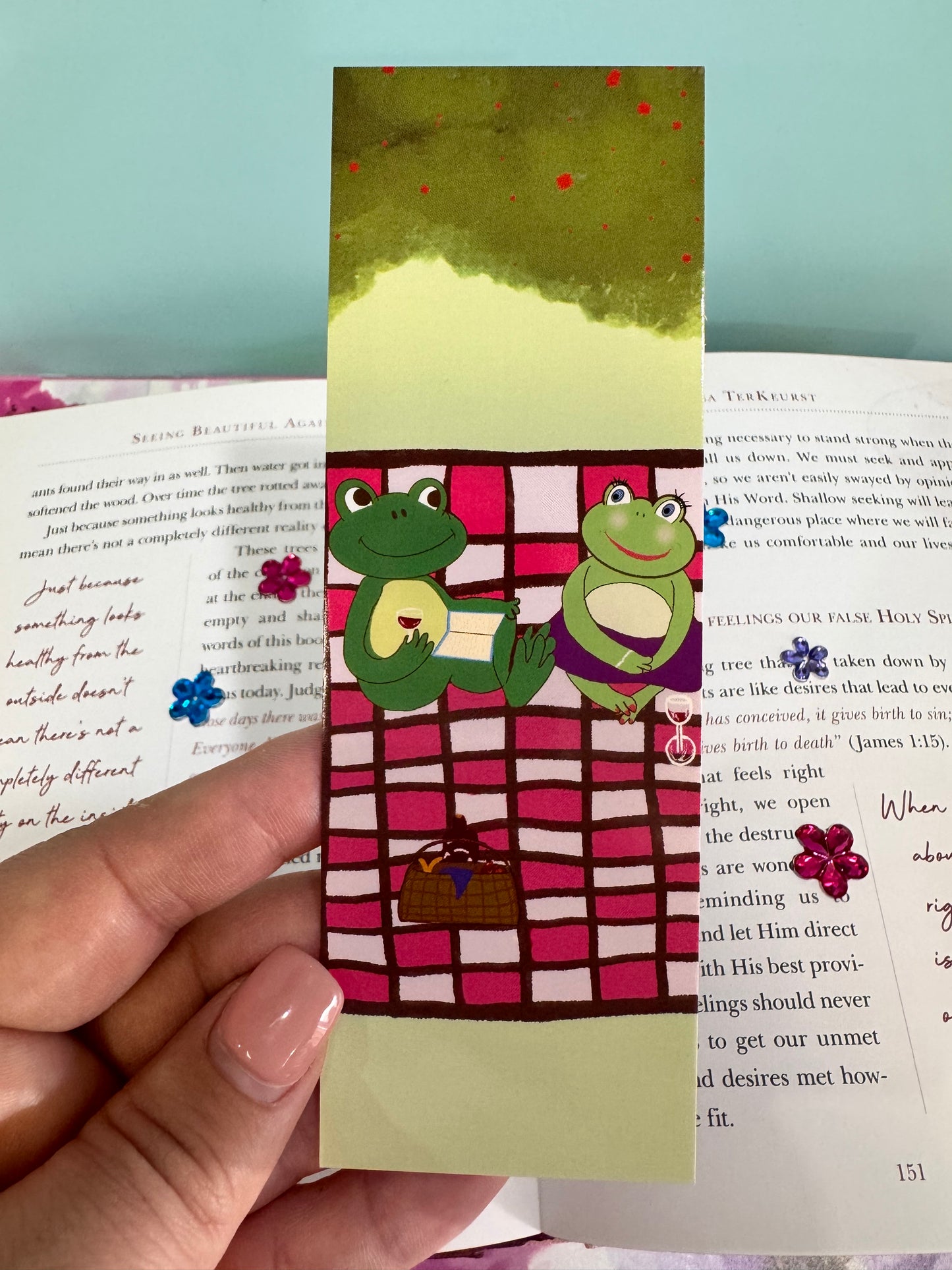 Boyfriend and Girlfriend Bookmark, Frogs On A Picnic Date, Hand Drawn Page Saver