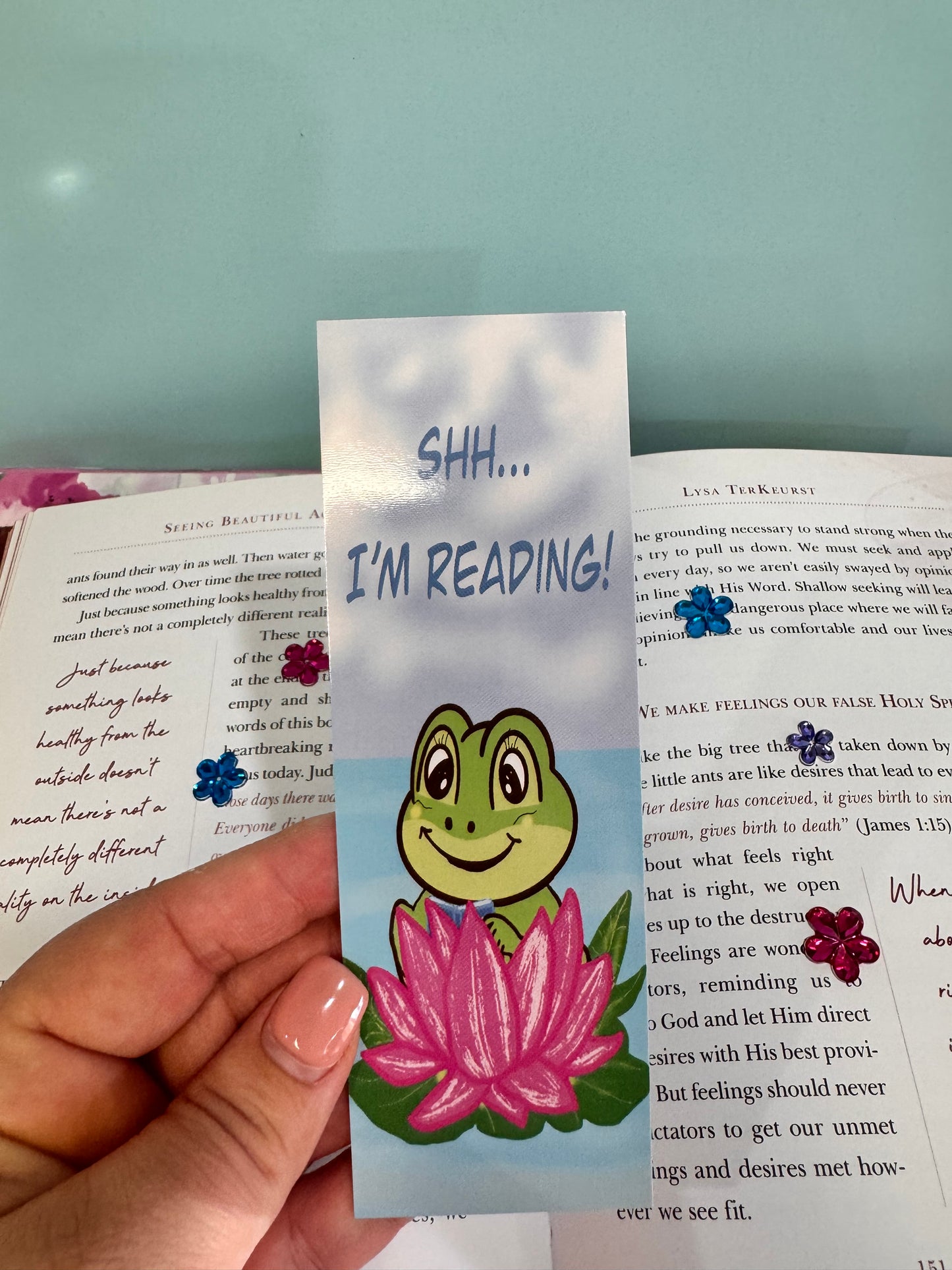 SHH I'm Reading Froggy Bookmark, Adorable Frog In A Pink Lily Pad, Hand Drawn Frog Theme