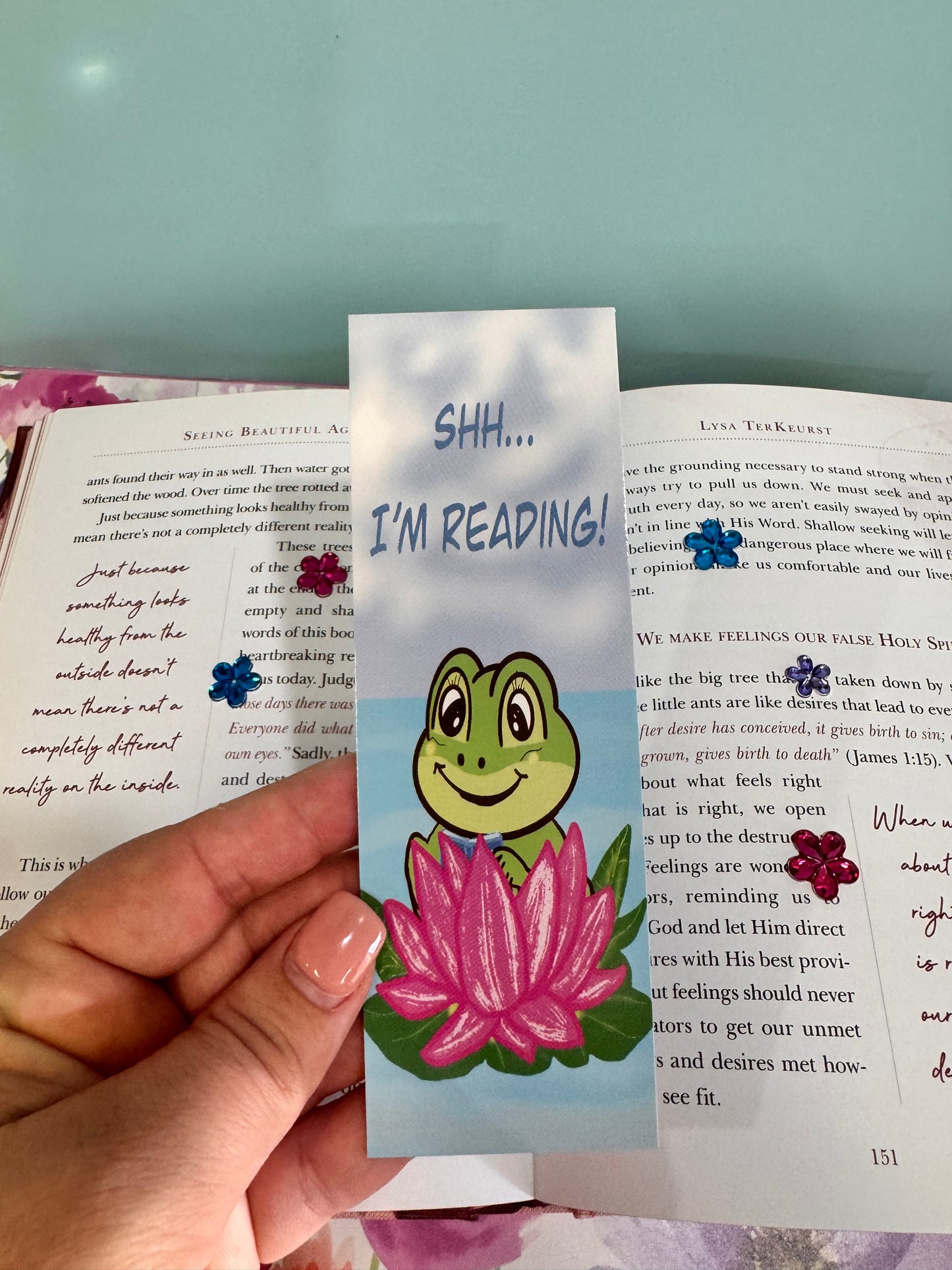 SHH I'm Reading Froggy Bookmark, Adorable Frog In A Pink Lily Pad, Hand Drawn Frog Theme