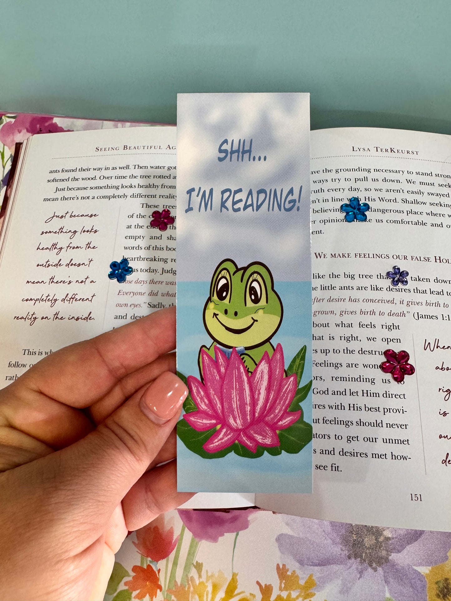 SHH I'm Reading Froggy Bookmark, Adorable Frog In A Pink Lily Pad, Hand Drawn Frog Theme