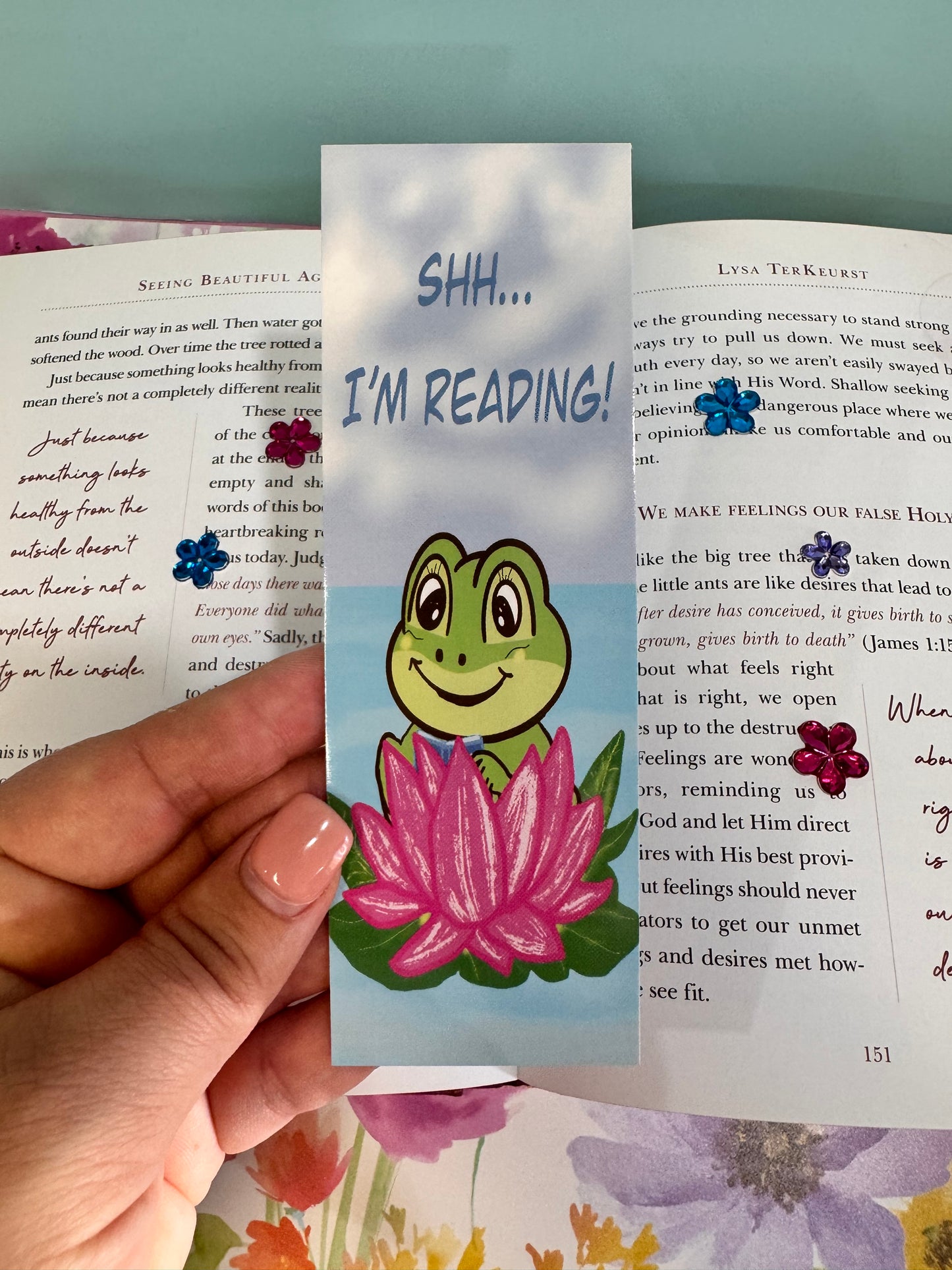 SHH I'm Reading Froggy Bookmark, Adorable Frog In A Pink Lily Pad, Hand Drawn Frog Theme