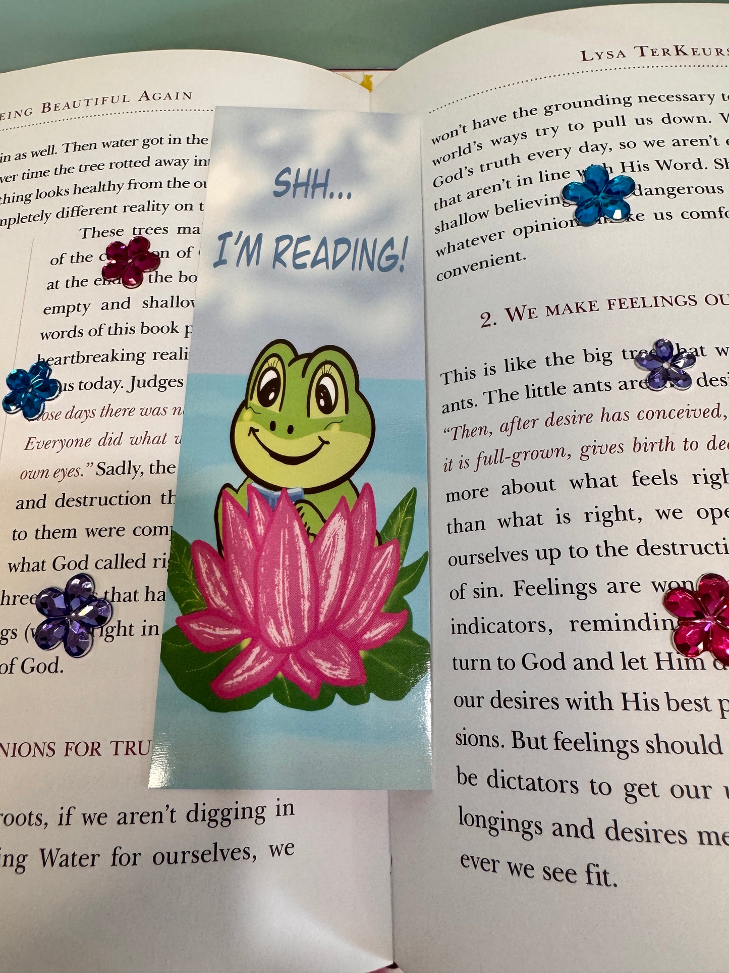 SHH I'm Reading Froggy Bookmark, Adorable Frog In A Pink Lily Pad, Hand Drawn Frog Theme