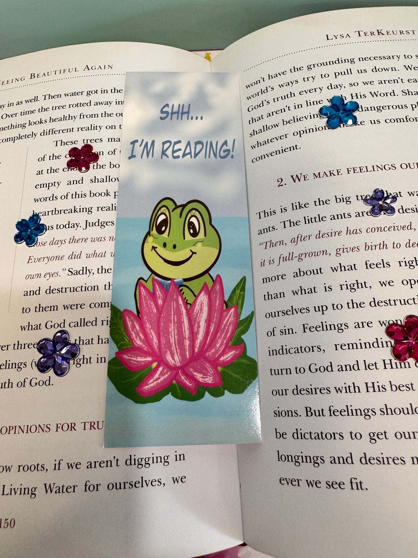SHH I'm Reading Froggy Bookmark, Adorable Frog In A Pink Lily Pad, Hand Drawn Frog Theme