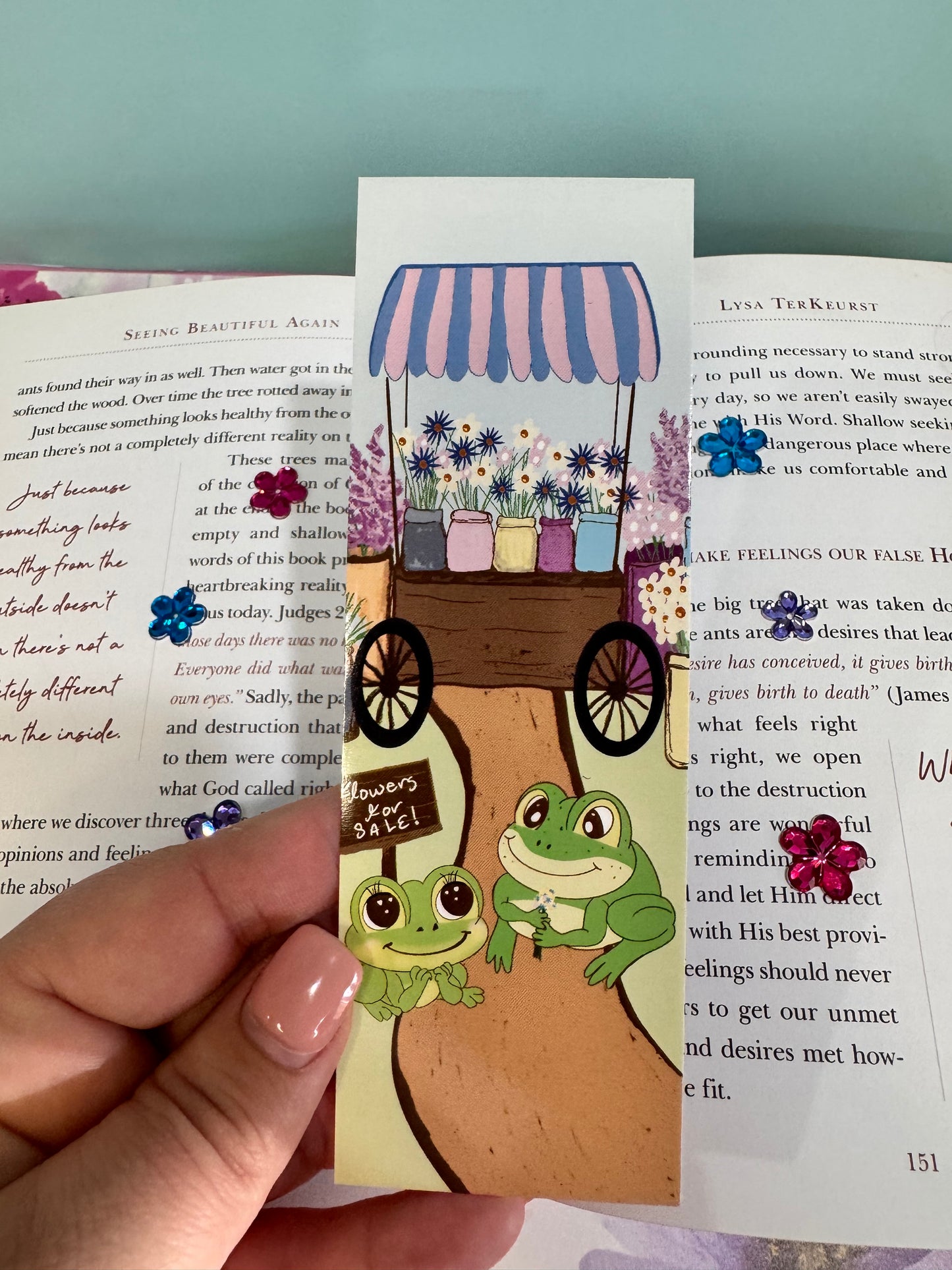 Froggy bookmark with a cute frog couple, gorgeous flower cart with flowers for sale