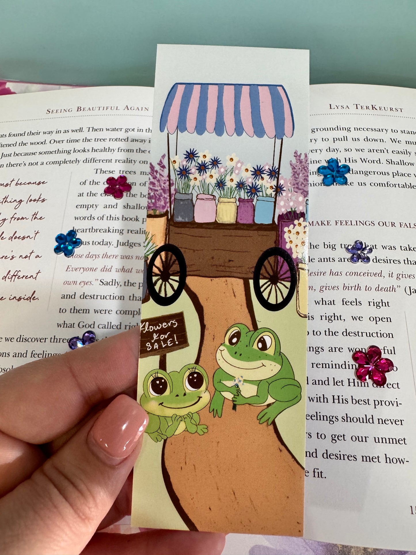 Froggy bookmark with a cute frog couple, gorgeous flower cart with flowers for sale