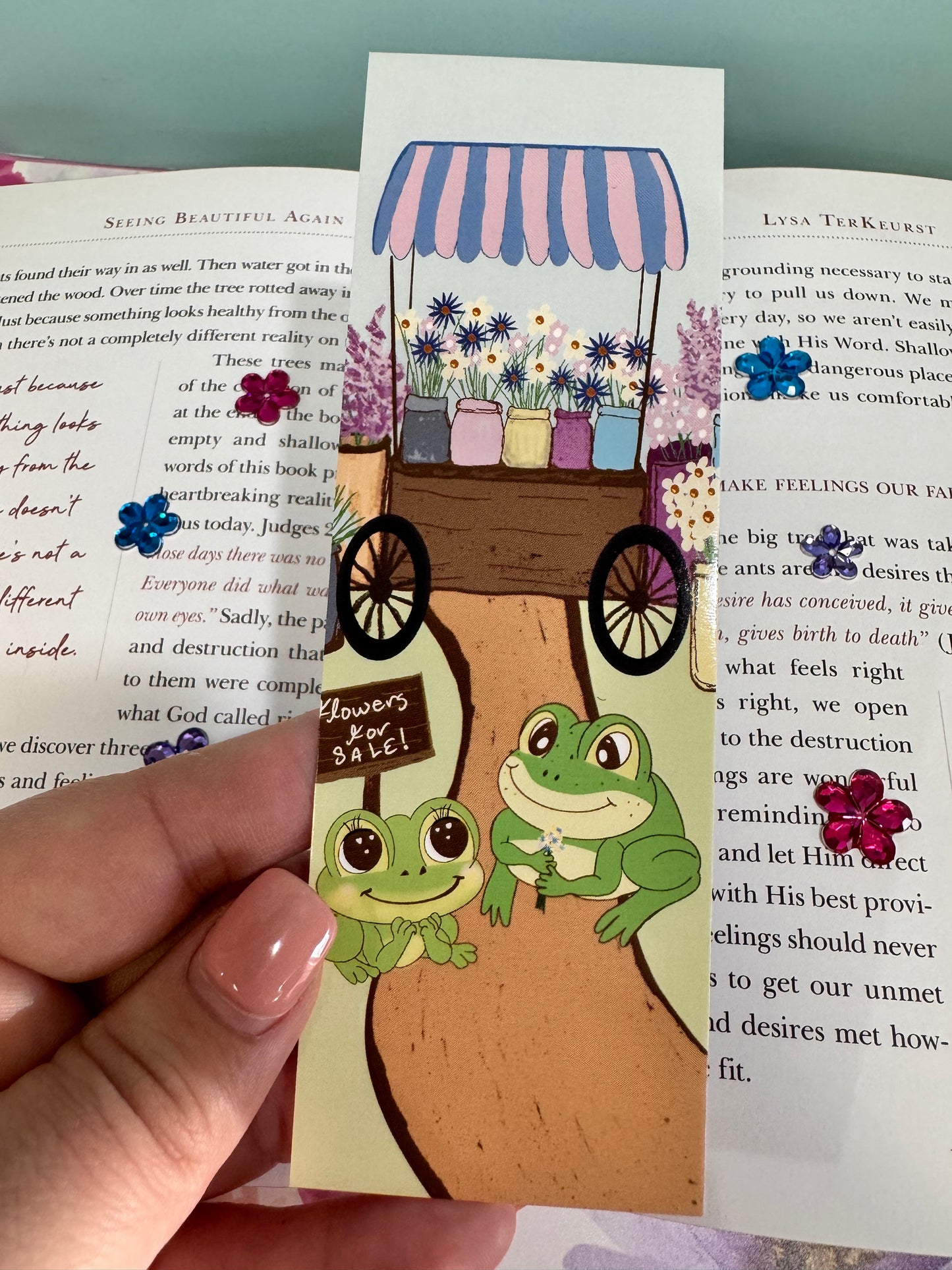 Froggy bookmark with a cute frog couple, gorgeous flower cart with flowers for sale