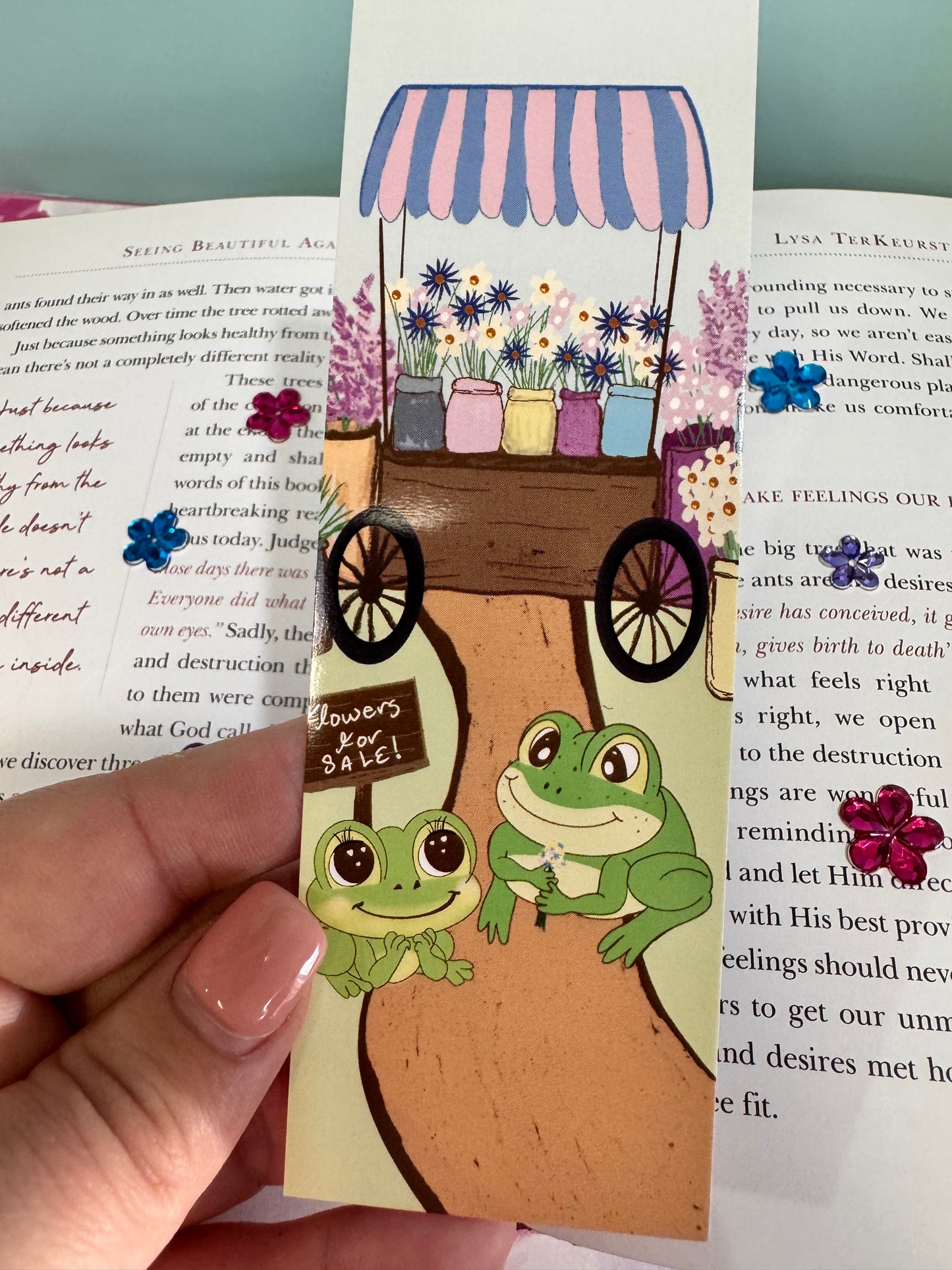 Froggy bookmark with a cute frog couple, gorgeous flower cart with flowers for sale
