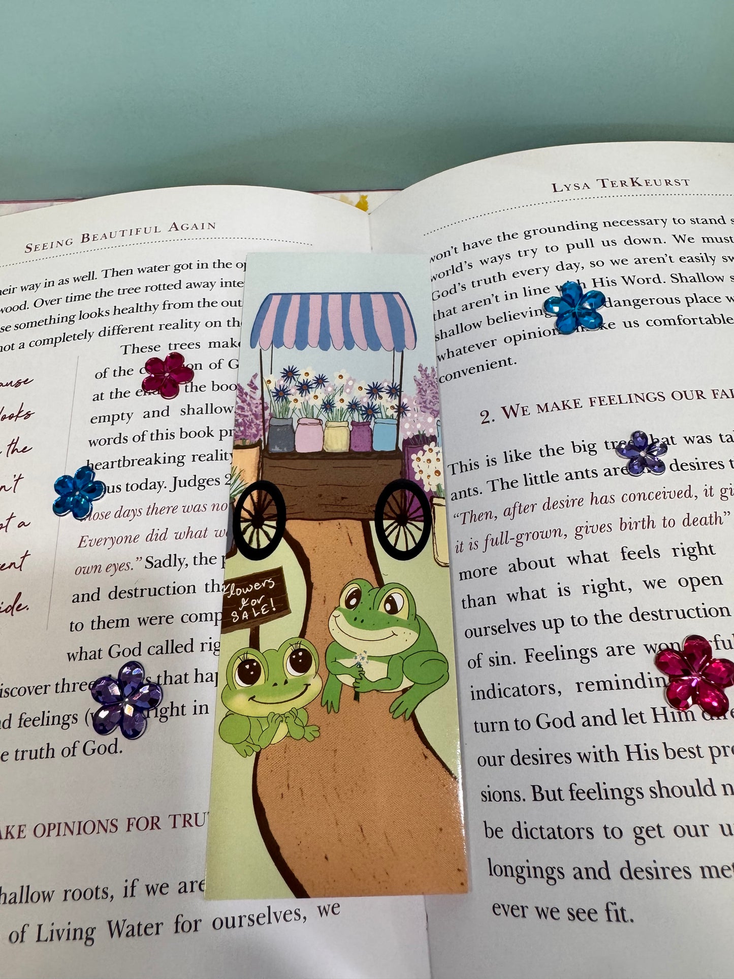 Froggy bookmark with a cute frog couple, gorgeous flower cart with flowers for sale
