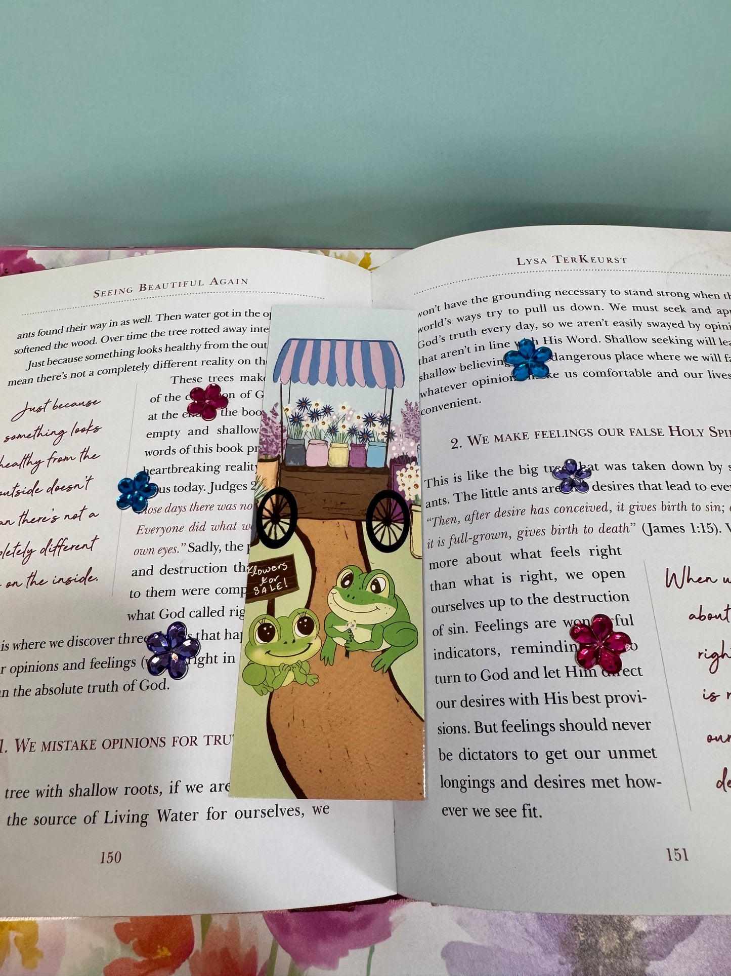 Froggy bookmark with a cute frog couple, gorgeous flower cart with flowers for sale