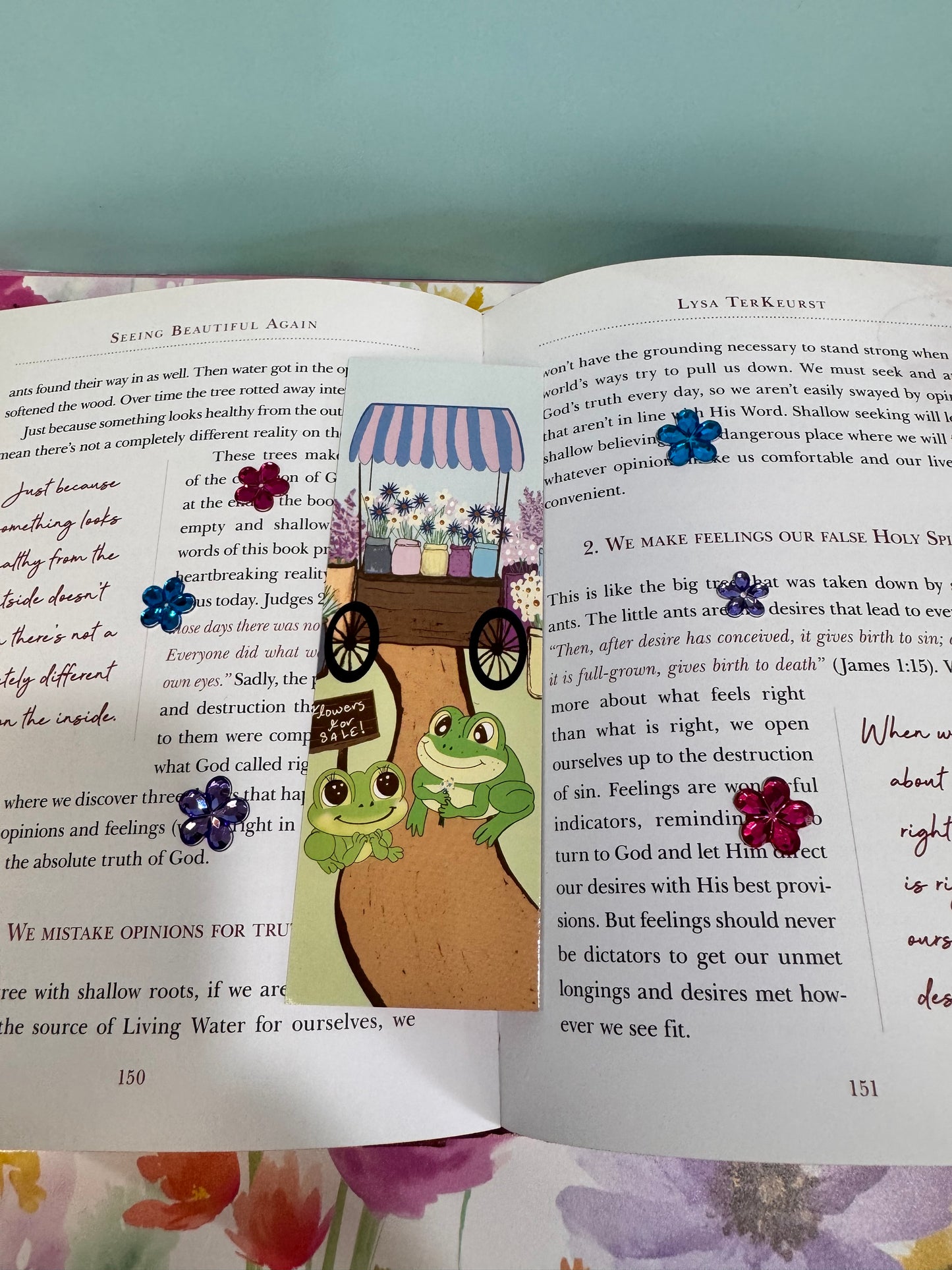 Froggy bookmark with a cute frog couple, gorgeous flower cart with flowers for sale