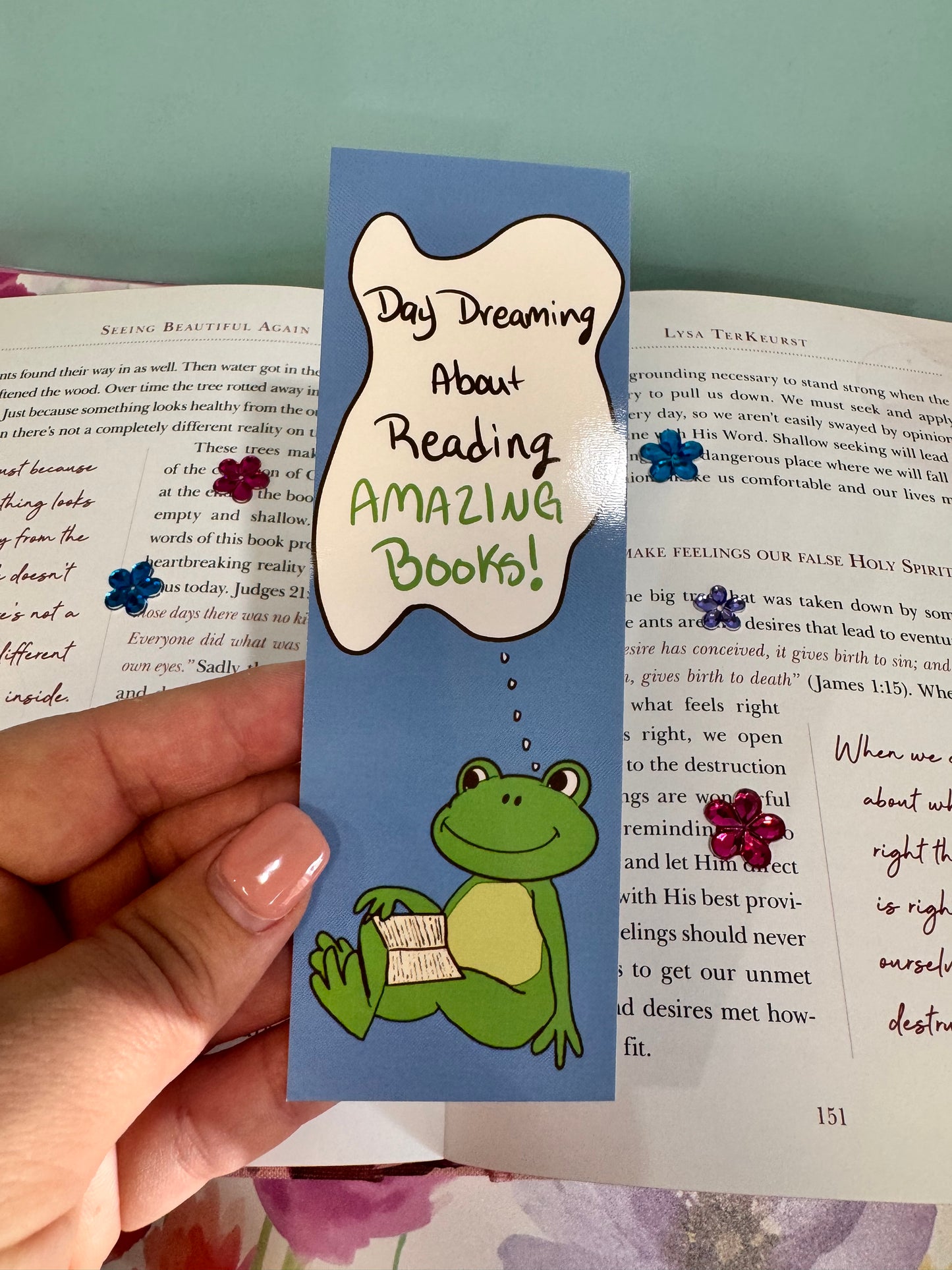 Daydreaming About Reading Amazing Books Froggy Bookmark, Hand Drawn Frog Theme