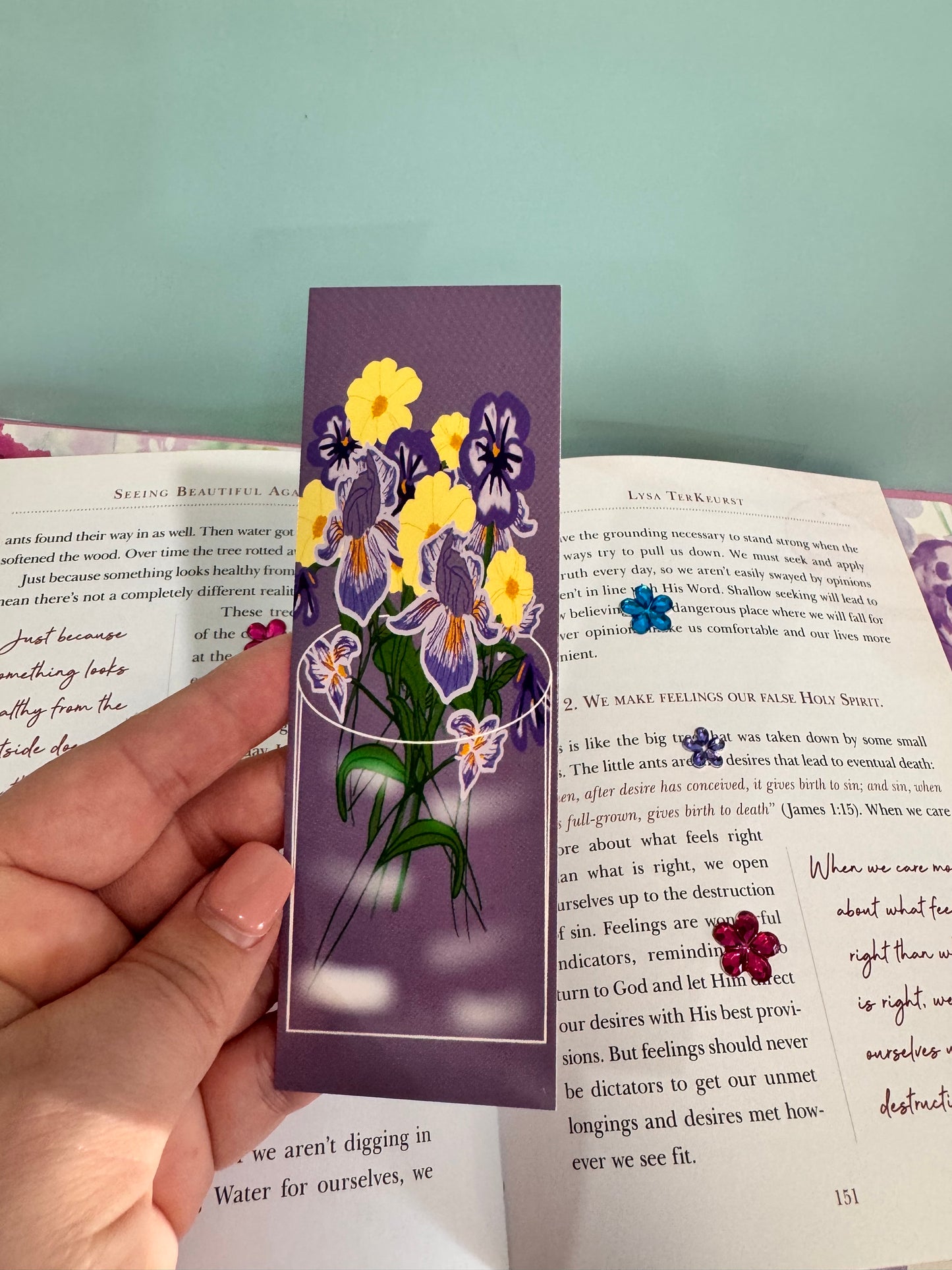 Bookmarks For February - February Birth Flowers In A Vase - Purple and Yellow - Violets, Iris, Primrose - Birthdays - Laminated Hand Drawn