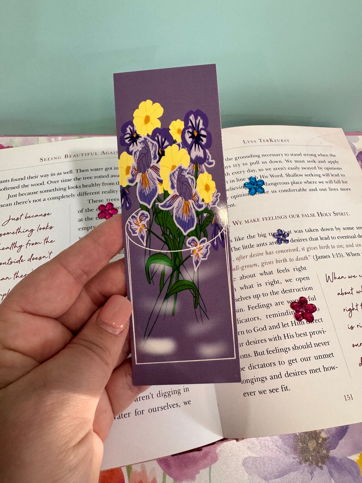 Bookmarks For February - February Birth Flowers In A Vase - Purple and Yellow - Violets, Iris, Primrose - Birthdays - Laminated Hand Drawn