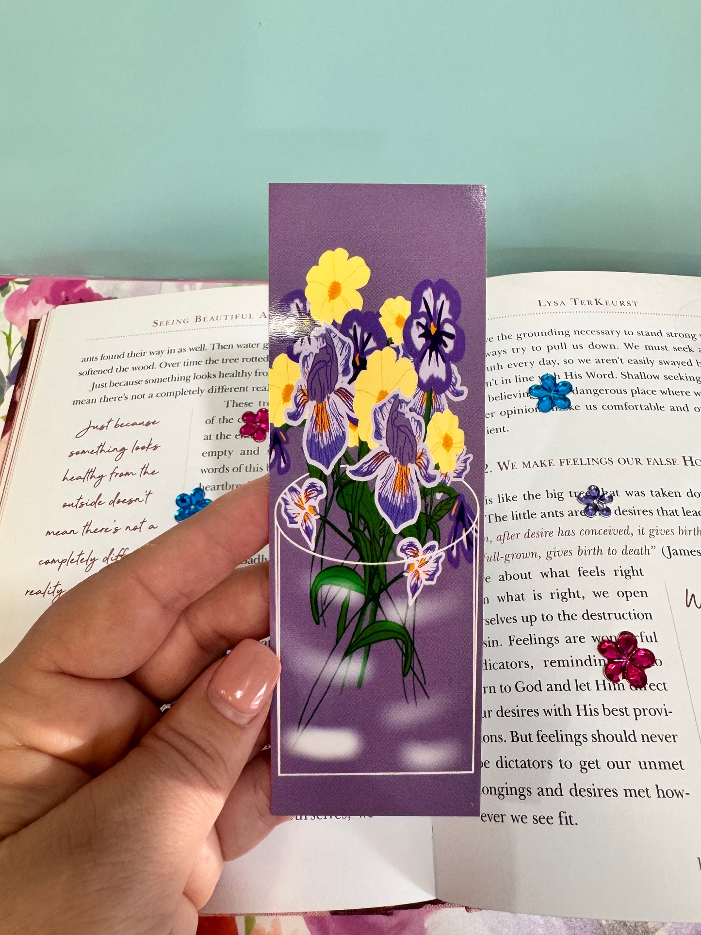 Bookmarks For February - February Birth Flowers In A Vase - Purple and Yellow - Violets, Iris, Primrose - Birthdays - Laminated Hand Drawn
