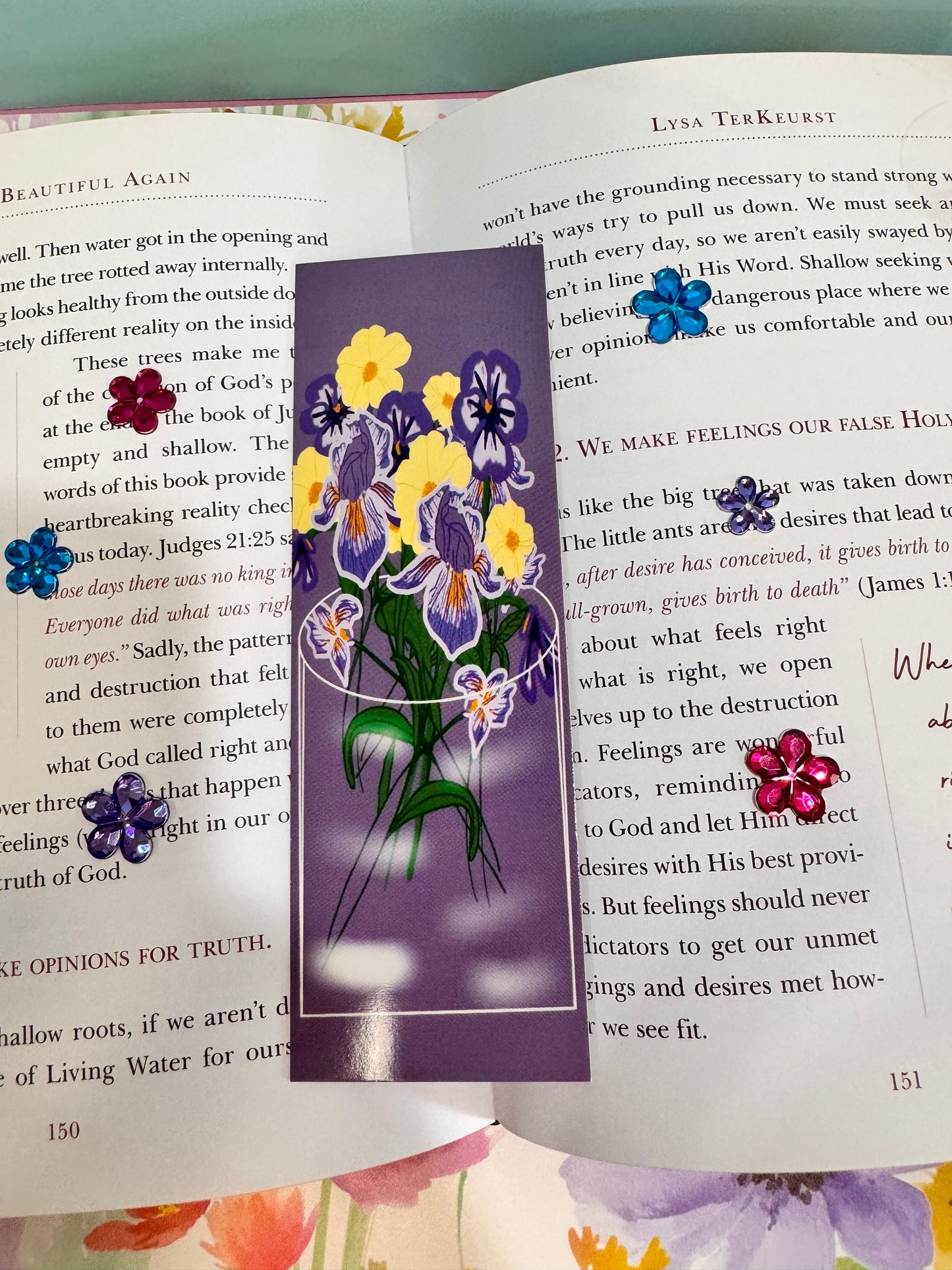 Bookmarks For February - February Birth Flowers In A Vase - Purple and Yellow - Violets, Iris, Primrose - Birthdays - Laminated Hand Drawn