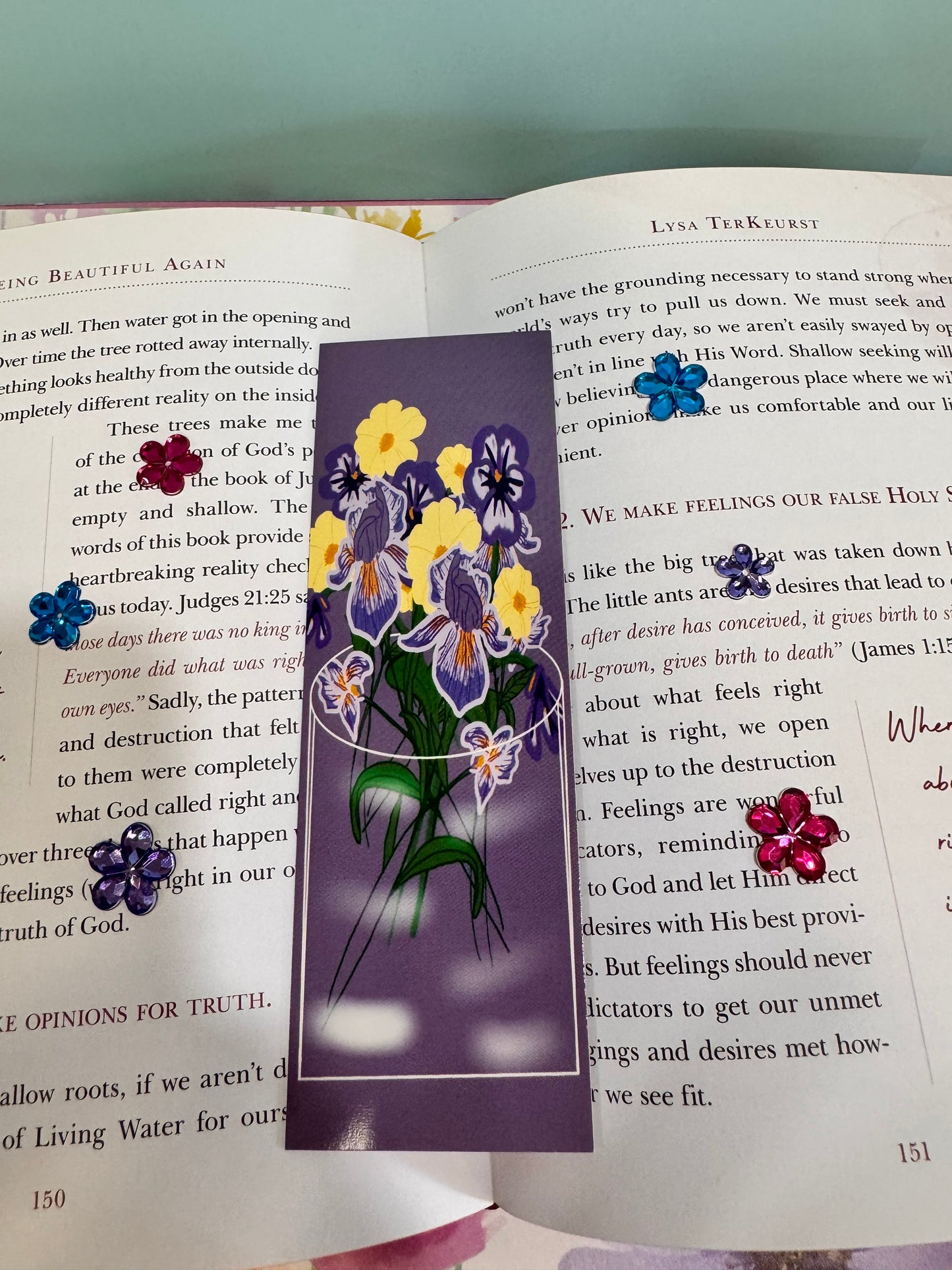 Bookmarks For February - February Birth Flowers In A Vase - Purple and Yellow - Violets, Iris, Primrose - Birthdays - Laminated Hand Drawn