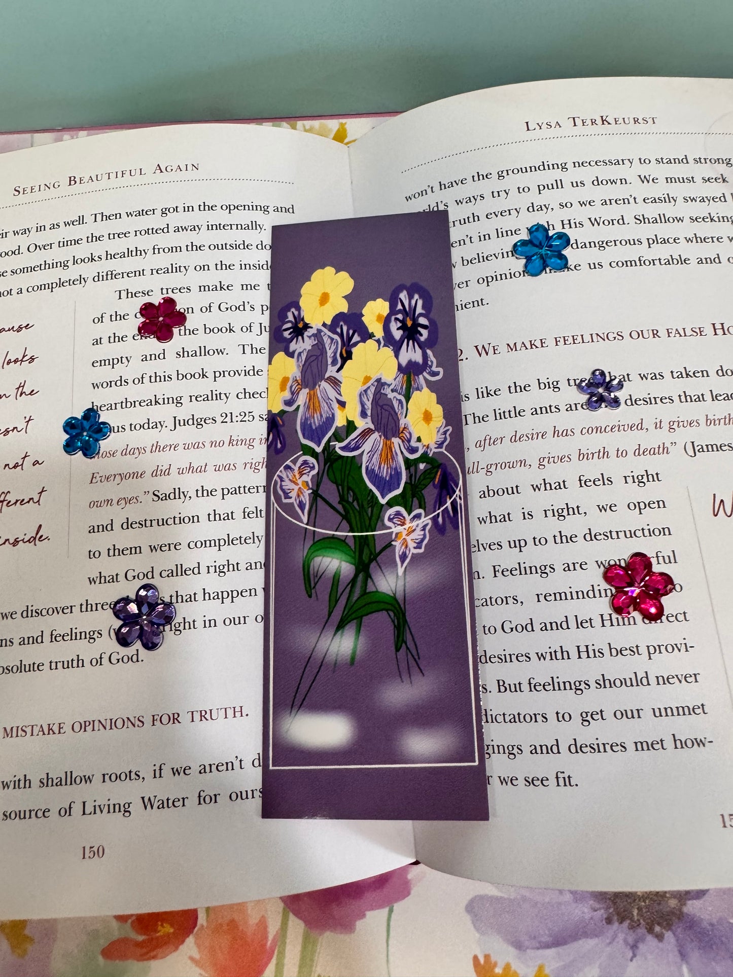 Bookmarks For February - February Birth Flowers In A Vase - Purple and Yellow - Violets, Iris, Primrose - Birthdays - Laminated Hand Drawn