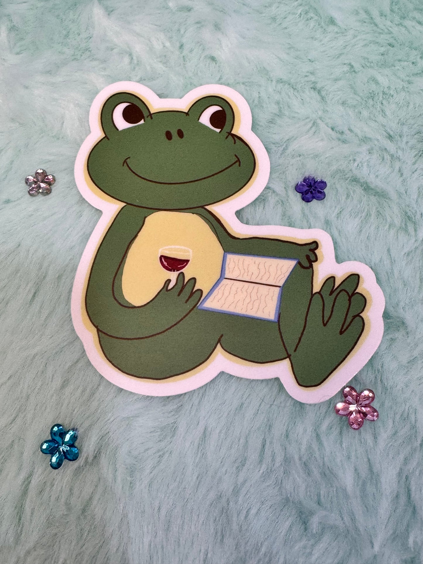 Froggy Books and Wine Sticker, Frog Drinking Red Wine While Reading His Favorite Book, Waterproof, Frog Theme Decoration, Vinyl Sticker