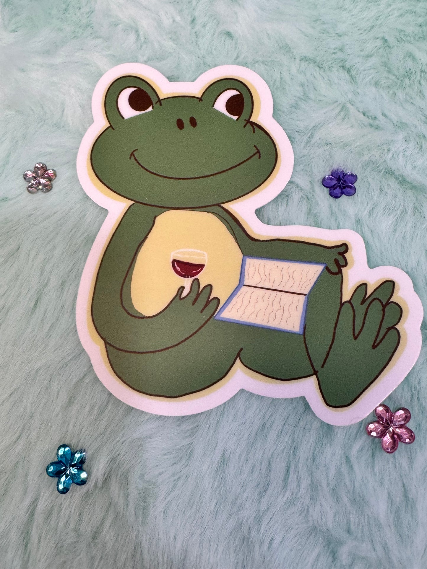 Froggy Books and Wine Sticker, Frog Drinking Red Wine While Reading His Favorite Book, Waterproof, Frog Theme Decoration, Vinyl Sticker