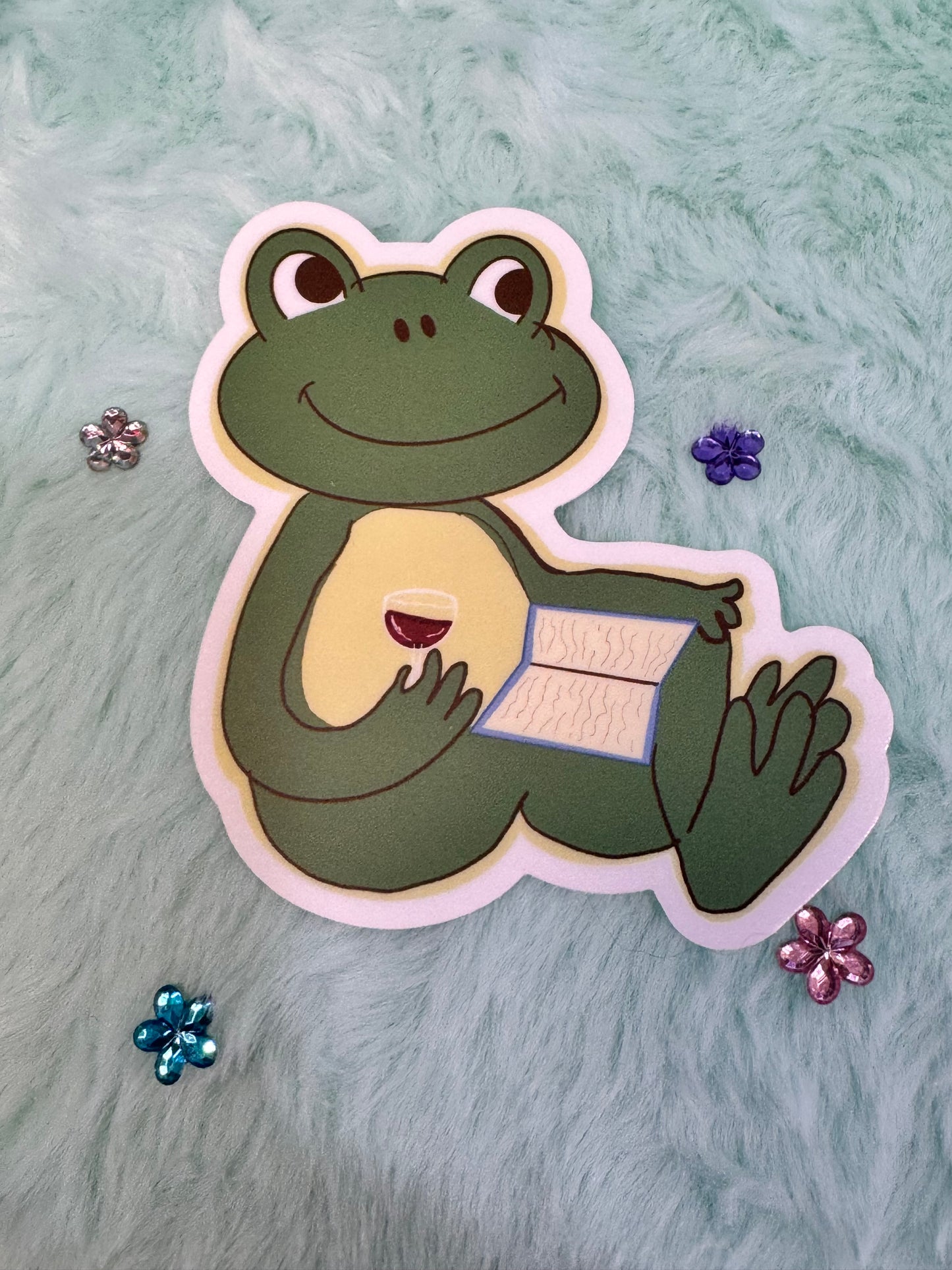 Froggy Books and Wine Sticker, Frog Drinking Red Wine While Reading His Favorite Book, Waterproof, Frog Theme Decoration, Vinyl Sticker