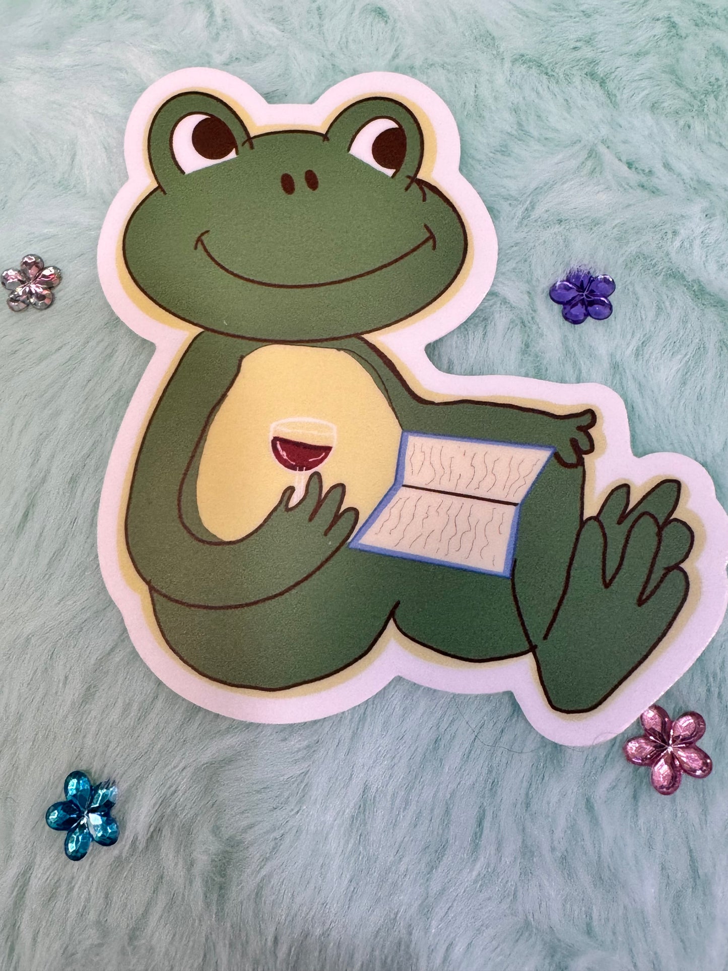 Froggy Books and Wine Sticker, Frog Drinking Red Wine While Reading His Favorite Book, Waterproof, Frog Theme Decoration, Vinyl Sticker