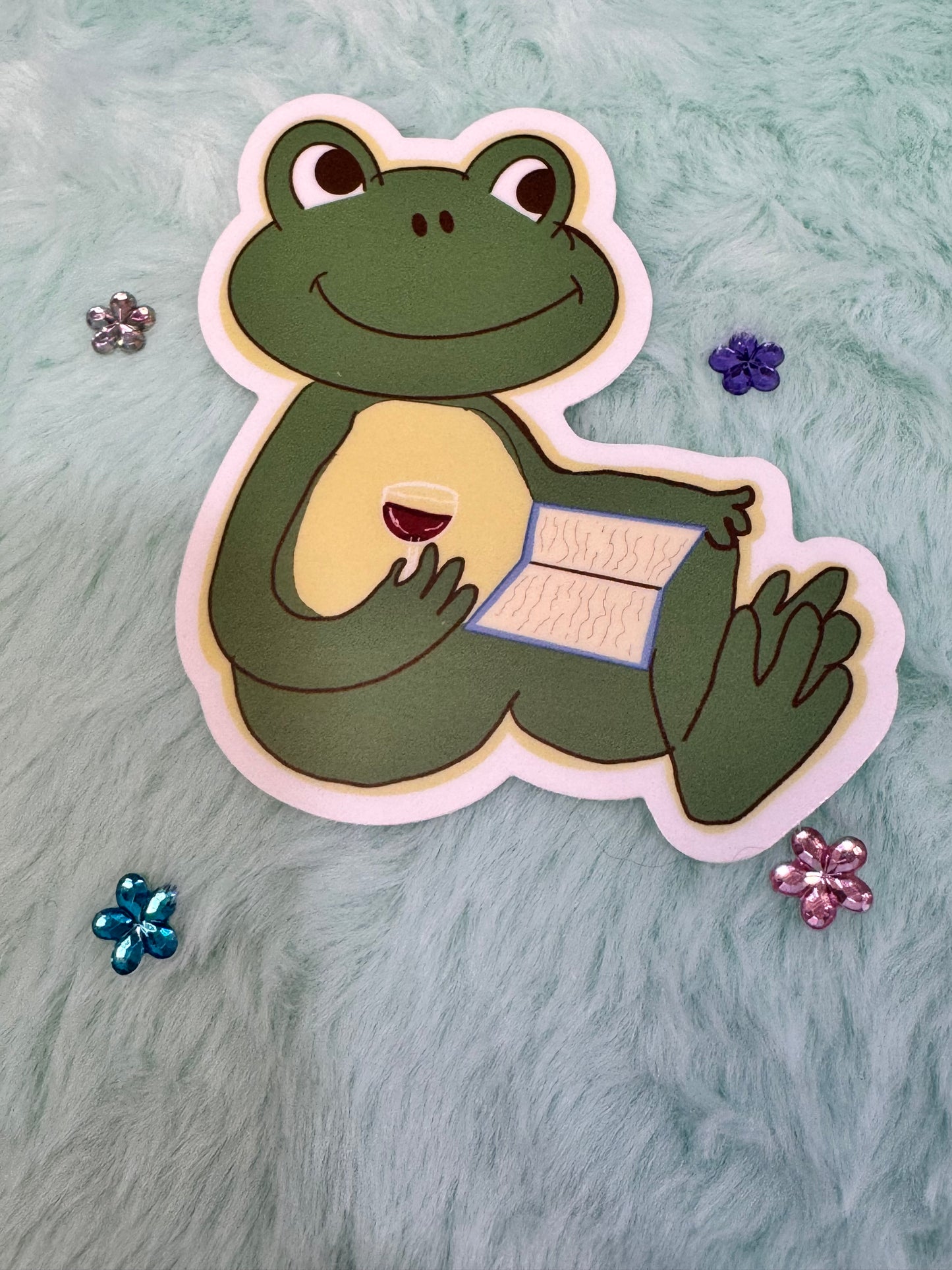 Froggy Books and Wine Sticker, Frog Drinking Red Wine While Reading His Favorite Book, Waterproof, Frog Theme Decoration, Vinyl Sticker