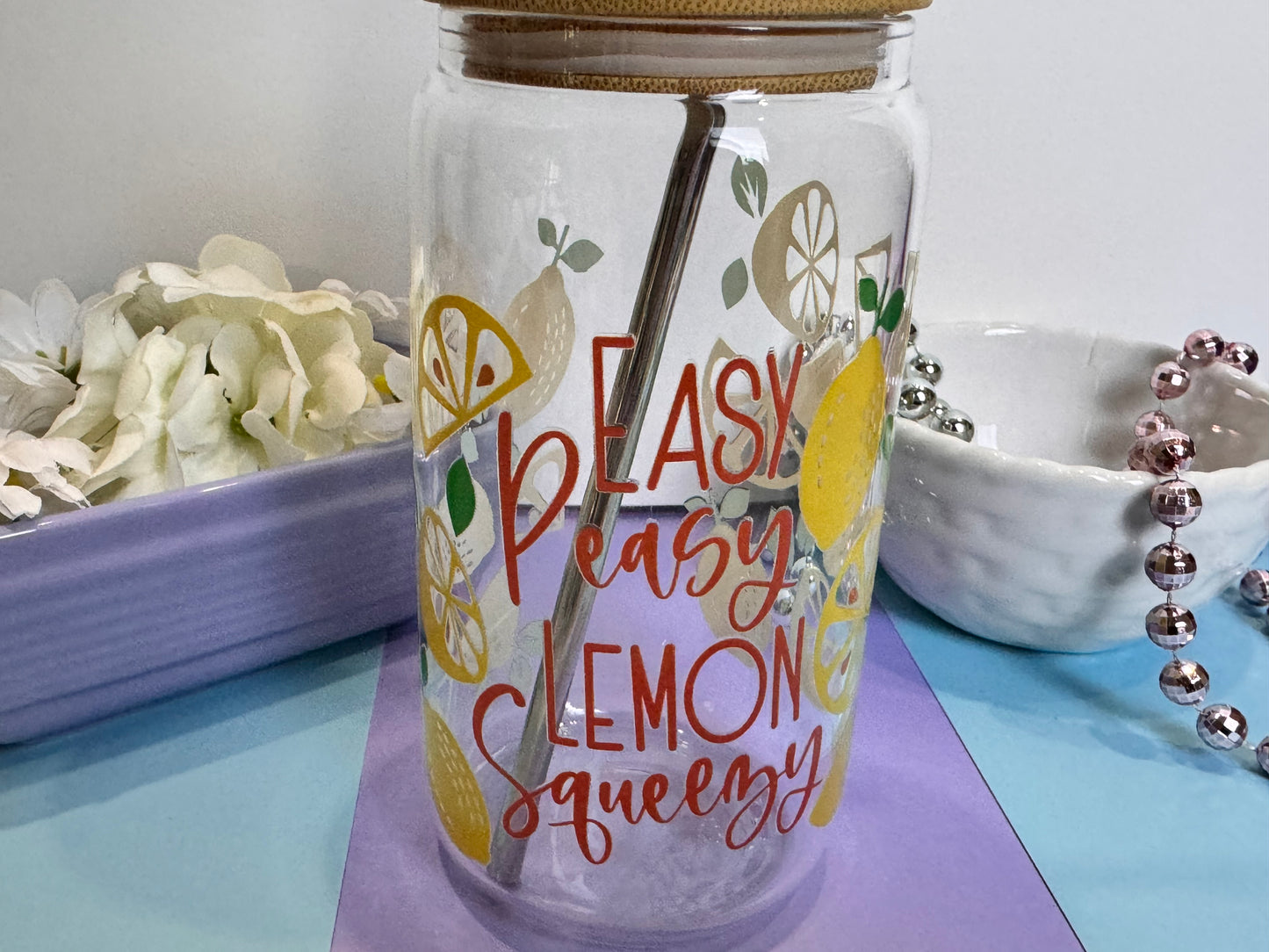 Easy Peasy Lemon Squeezy Glass Libby Can, 16 Oz With Bamboo Lid and Metal Straw, Fun Lemon Design