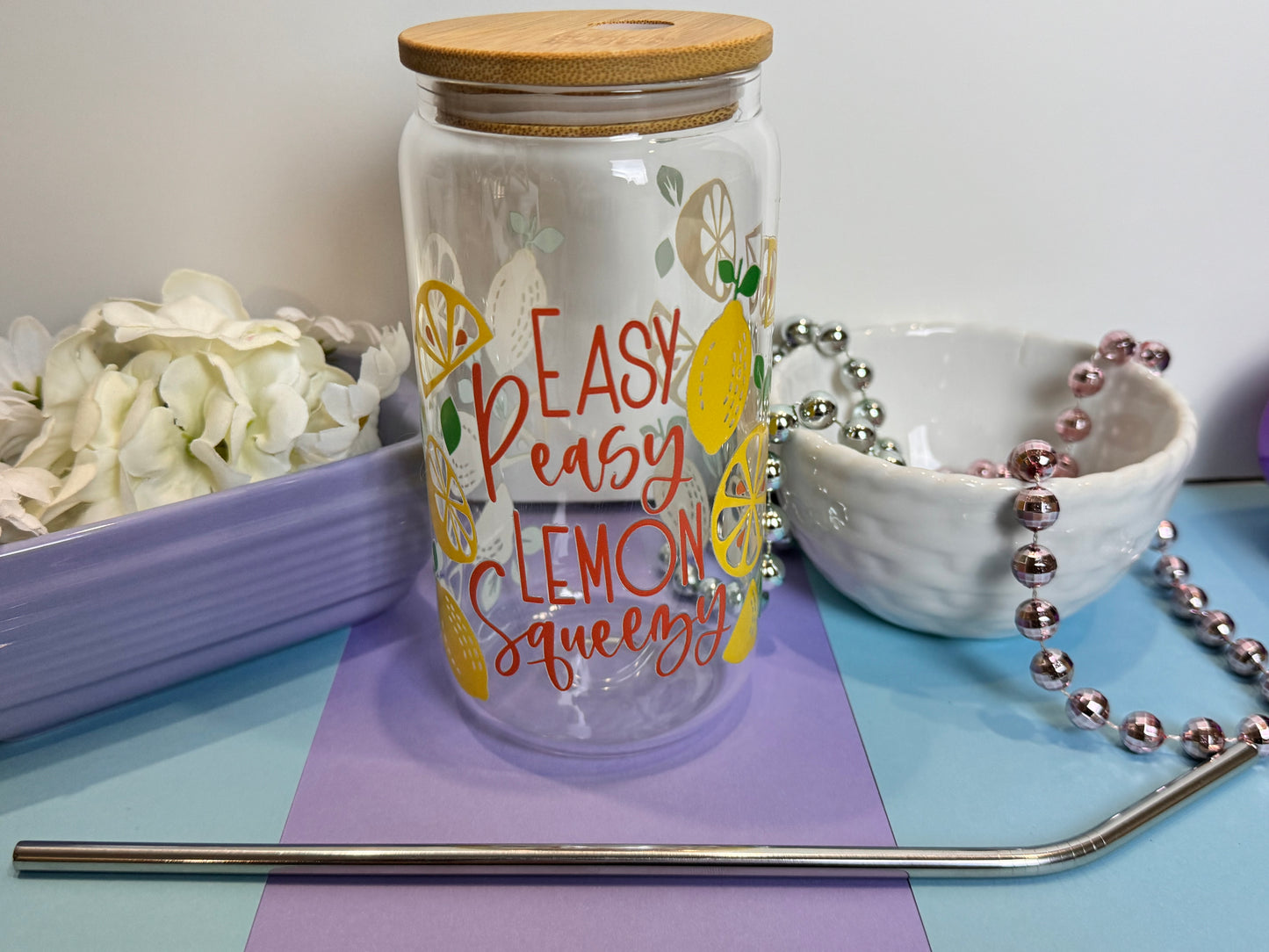 Easy Peasy Lemon Squeezy Glass Libby Can, 16 Oz With Bamboo Lid and Metal Straw, Fun Lemon Design