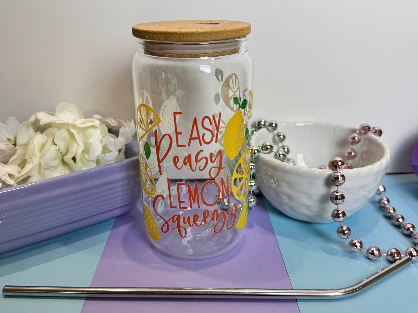 Easy Peasy Lemon Squeezy Glass Libby Can, 16 Oz With Bamboo Lid and Metal Straw, Fun Lemon Design