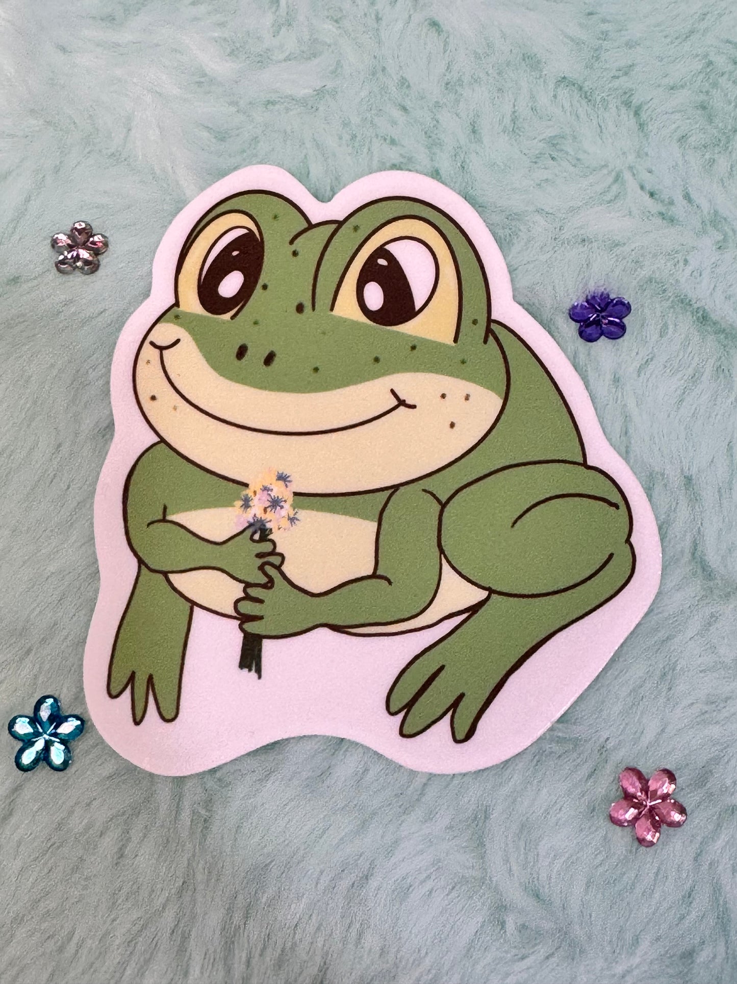 Frog Holding A Flower Bouquet Sticker, Frog In Love Waterproof Water Bottle Decor, Frog Theme Kindle Decoration, Vinyl Sticker (Copy)