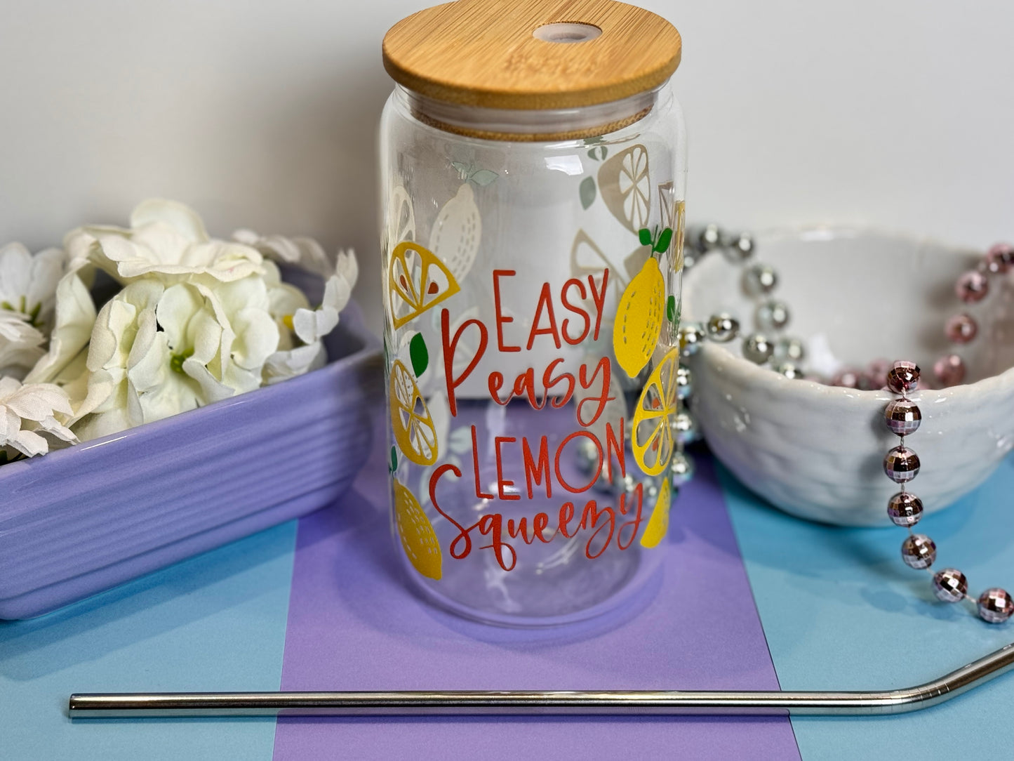 Easy Peasy Lemon Squeezy Glass Libby Can, 16 Oz With Bamboo Lid and Metal Straw, Fun Lemon Design