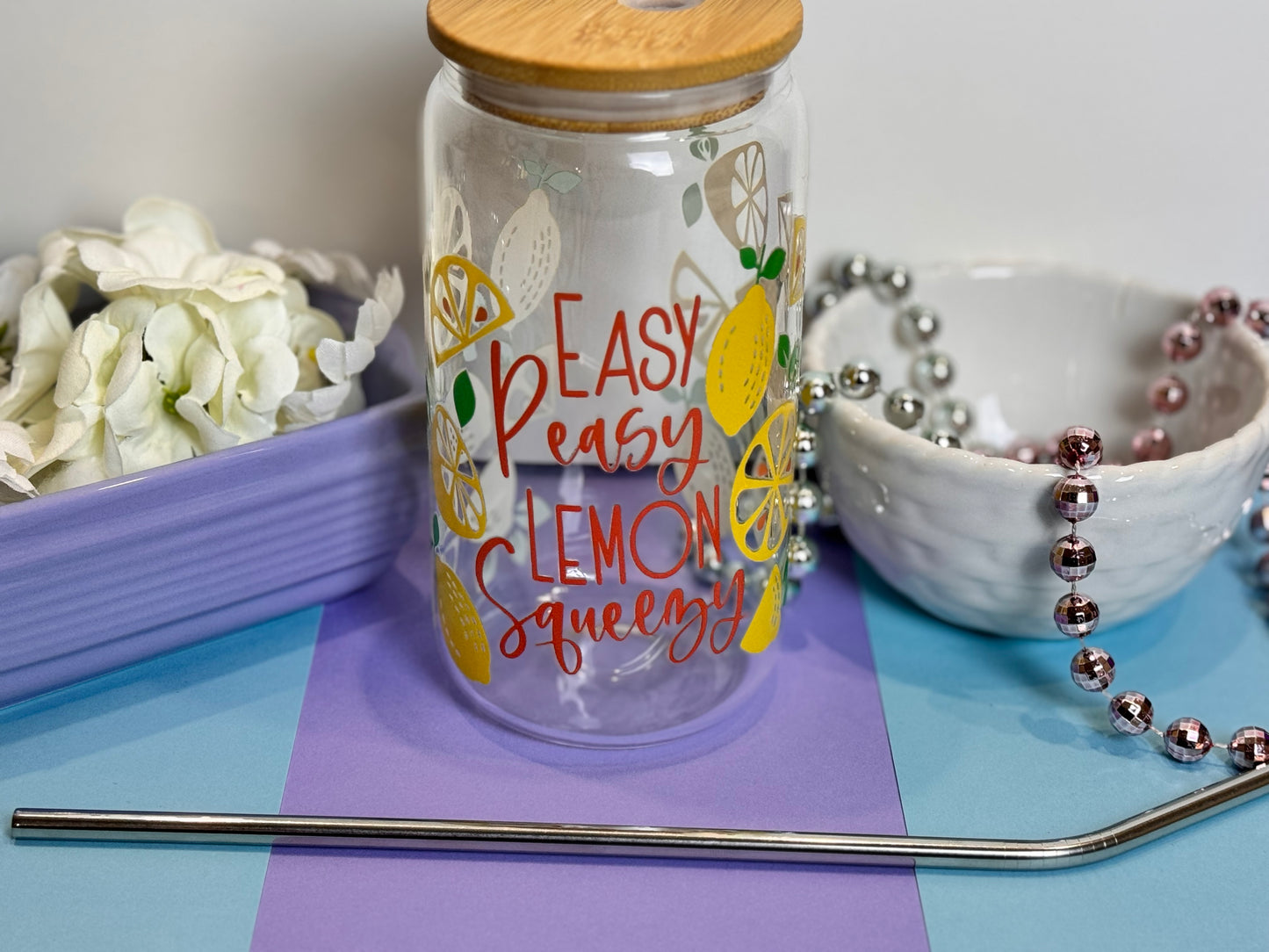 Easy Peasy Lemon Squeezy Glass Libby Can, 16 Oz With Bamboo Lid and Metal Straw, Fun Lemon Design