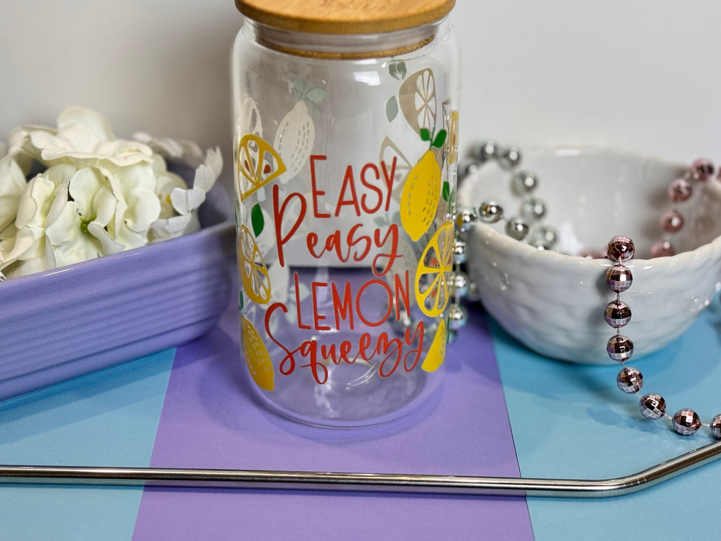 Easy Peasy Lemon Squeezy Glass Libby Can, 16 Oz With Bamboo Lid and Metal Straw, Fun Lemon Design