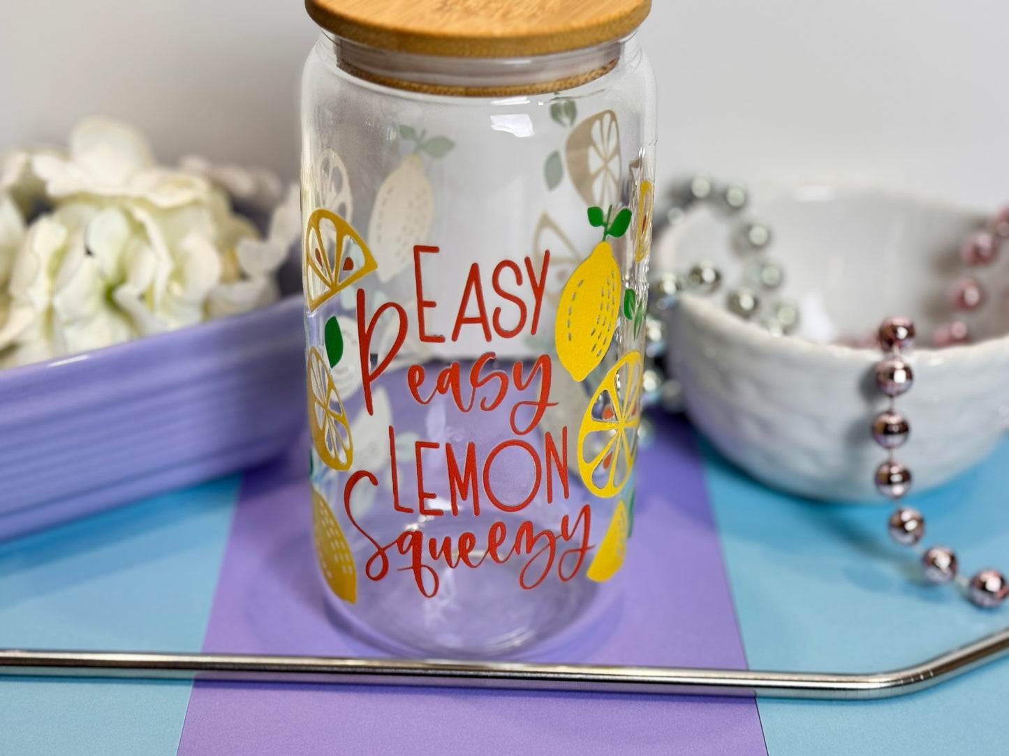 Easy Peasy Lemon Squeezy Glass Libby Can, 16 Oz With Bamboo Lid and Metal Straw, Fun Lemon Design