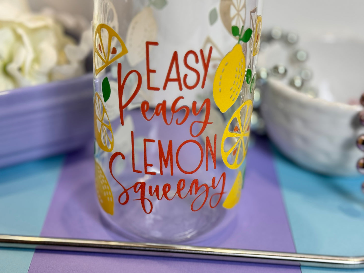 Easy Peasy Lemon Squeezy Glass Libby Can, 16 Oz With Bamboo Lid and Metal Straw, Fun Lemon Design