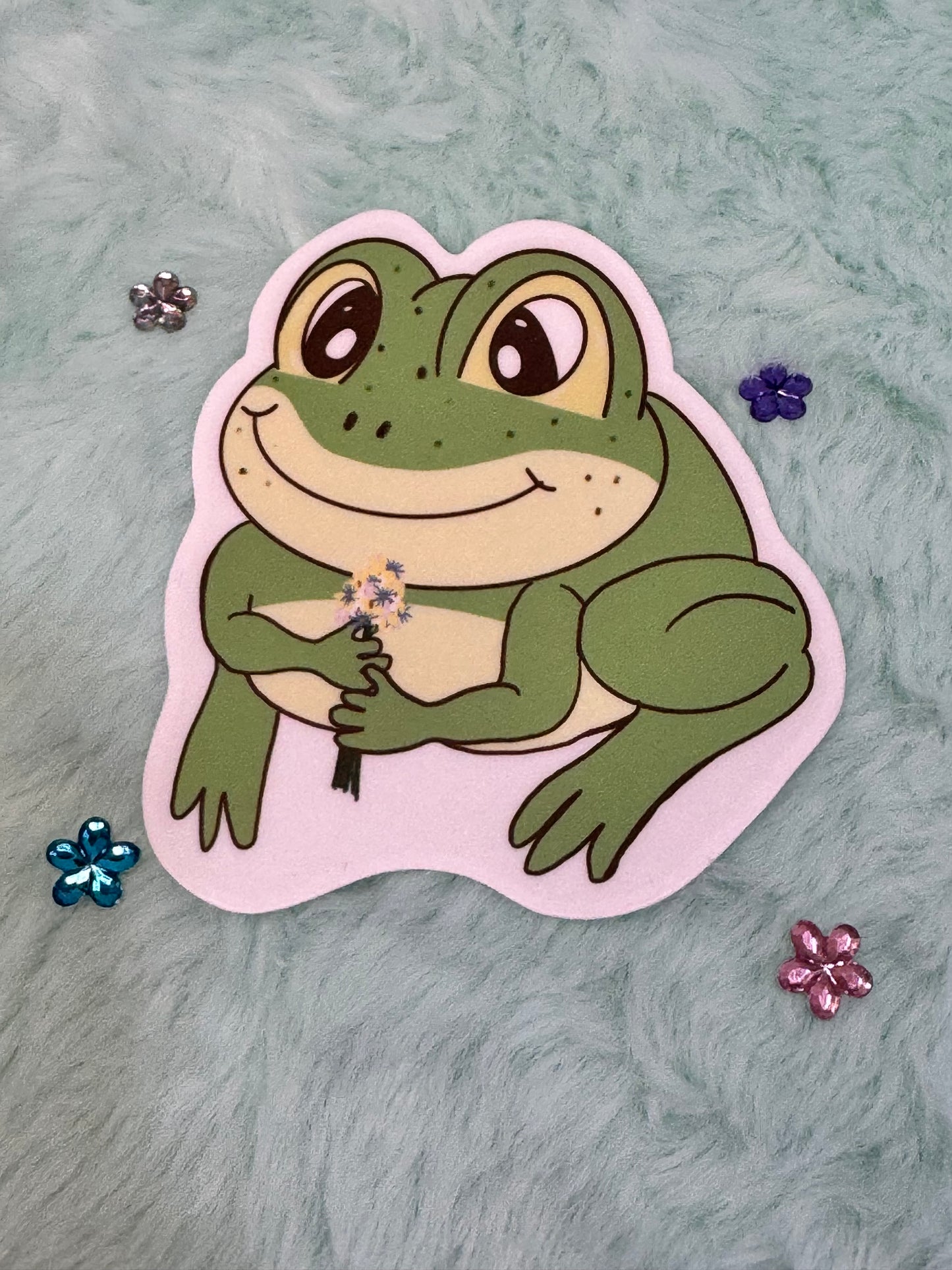 Frog Holding A Flower Bouquet Sticker, Frog In Love Waterproof Water Bottle Decor, Frog Theme Kindle Decoration, Vinyl Sticker (Copy)