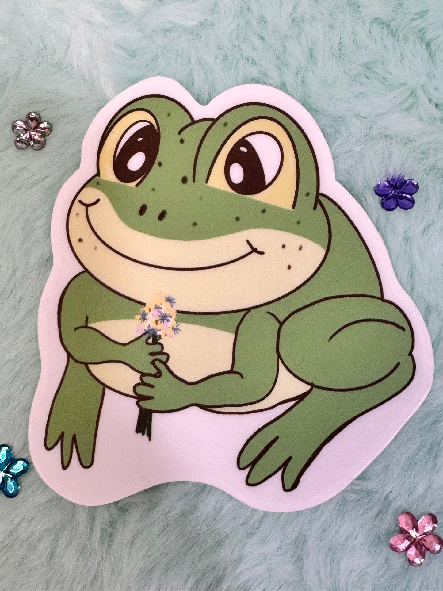 Frog Holding A Flower Bouquet Sticker, Frog In Love Waterproof Water Bottle Decor, Frog Theme Kindle Decoration, Vinyl Sticker (Copy)