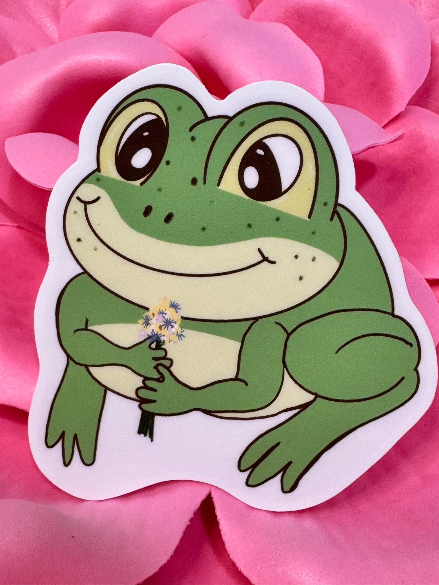 Frog Holding A Flower Bouquet Sticker, Frog In Love Waterproof Water Bottle Decor, Frog Theme Kindle Decoration, Vinyl Sticker (Copy)