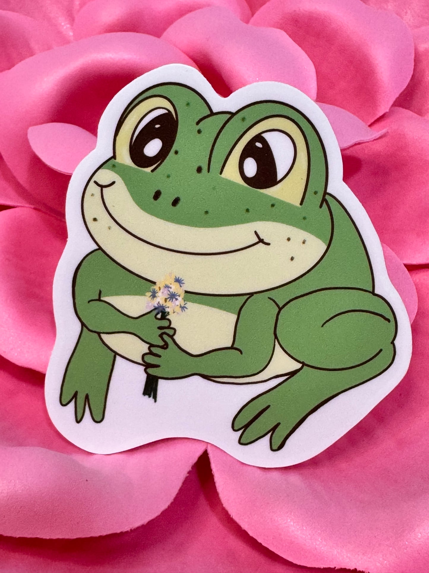 Frog Holding A Flower Bouquet Sticker, Frog In Love Waterproof Water Bottle Decor, Frog Theme Kindle Decoration, Vinyl Sticker (Copy)