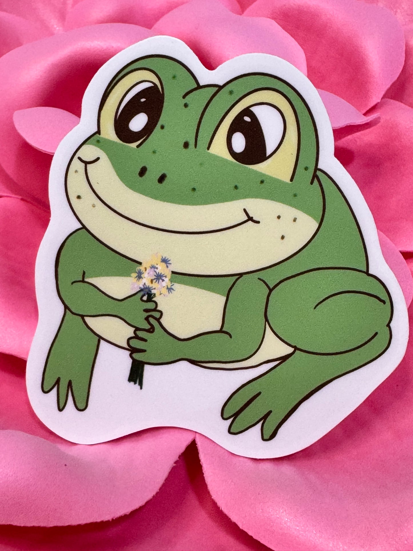 Frog Holding A Flower Bouquet Sticker, Frog In Love Waterproof Water Bottle Decor, Frog Theme Kindle Decoration, Vinyl Sticker (Copy)