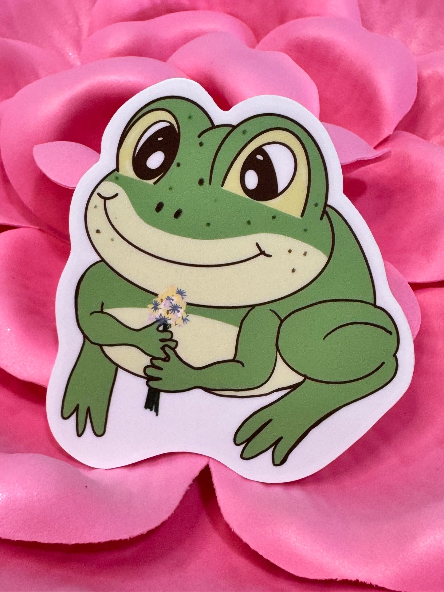 Frog Holding A Flower Bouquet Sticker, Frog In Love Waterproof Water Bottle Decor, Frog Theme Kindle Decoration, Vinyl Sticker (Copy)