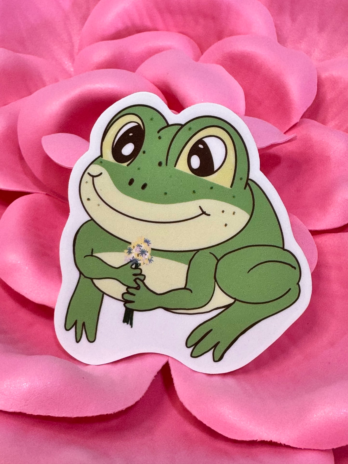 Frog Holding A Flower Bouquet Sticker, Frog In Love Waterproof Water Bottle Decor, Frog Theme Kindle Decoration, Vinyl Sticker (Copy)