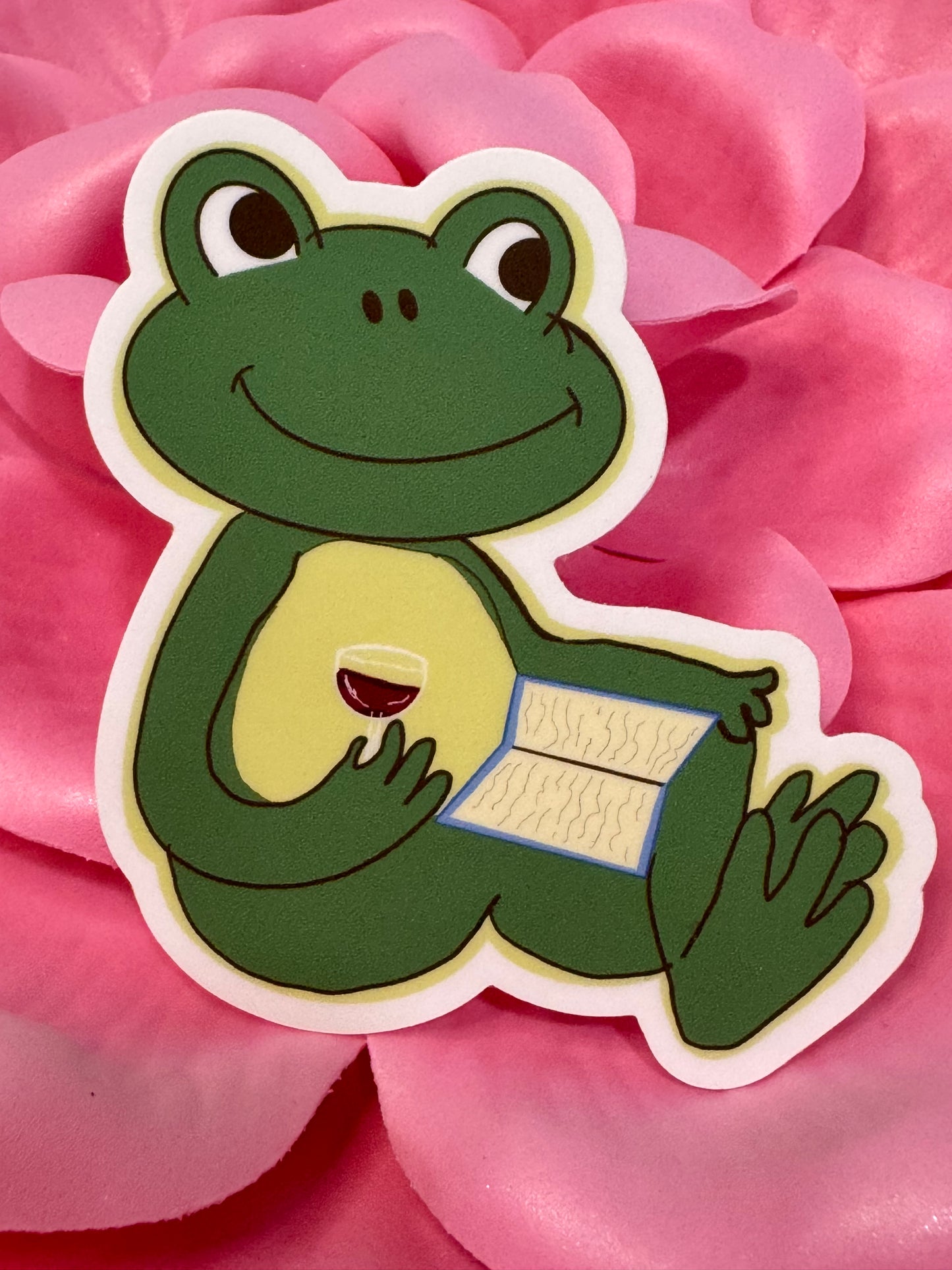 Froggy Books and Wine Sticker, Frog Drinking Red Wine While Reading His Favorite Book, Waterproof, Frog Theme Decoration, Vinyl Sticker