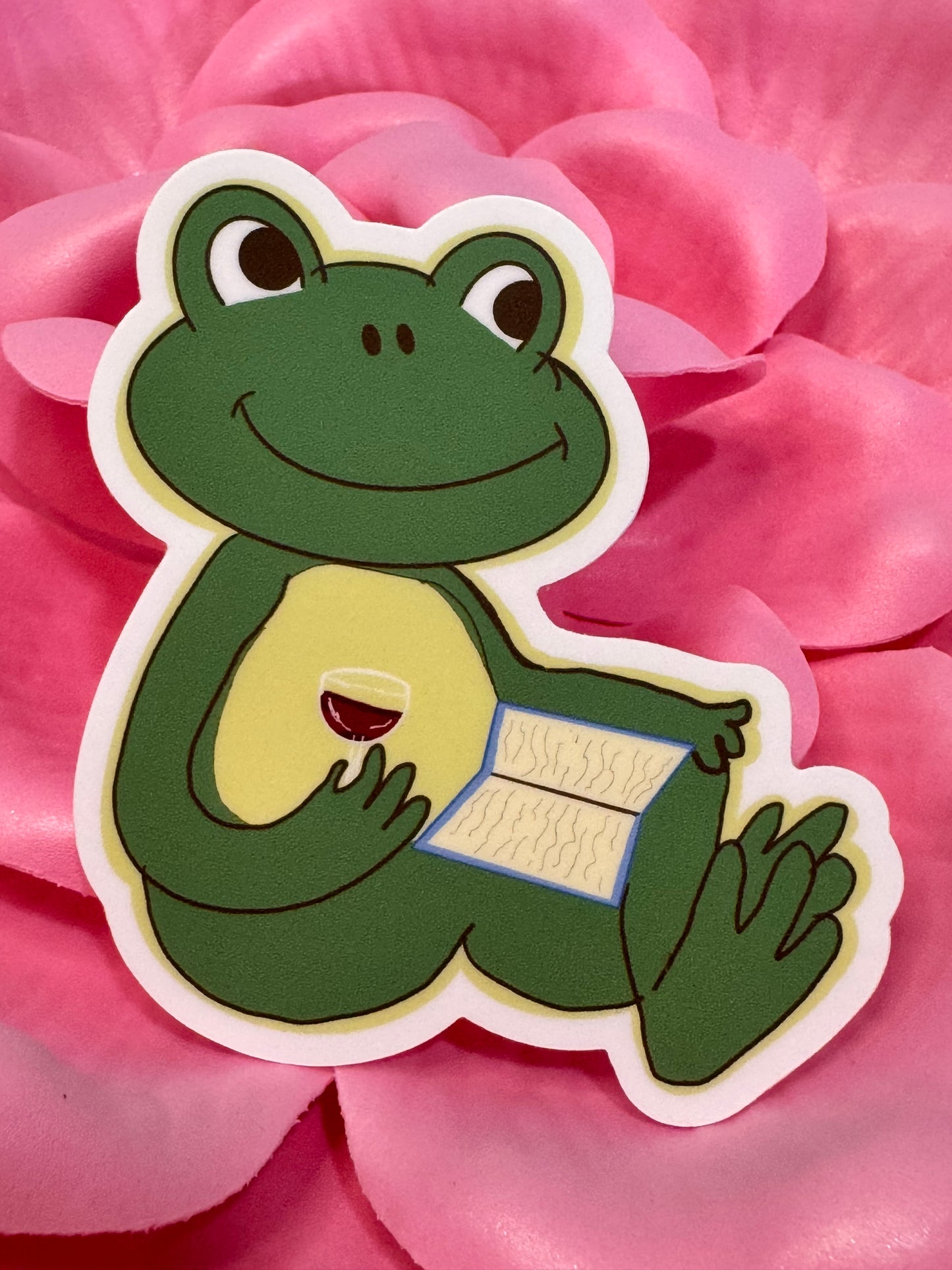 Froggy Books and Wine Sticker, Frog Drinking Red Wine While Reading His Favorite Book, Waterproof, Frog Theme Decoration, Vinyl Sticker