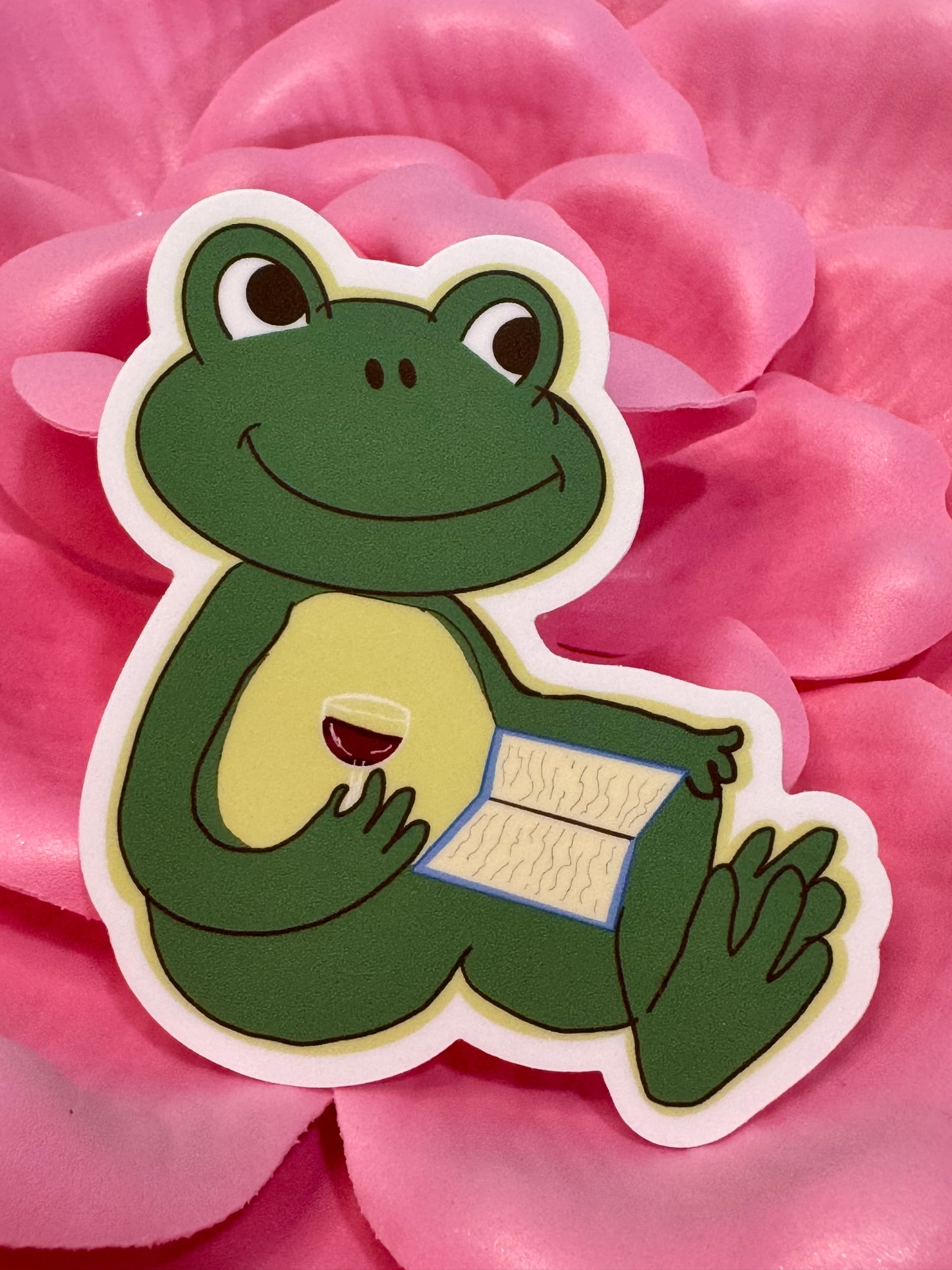 Froggy Books and Wine Sticker, Frog Drinking Red Wine While Reading His Favorite Book, Waterproof, Frog Theme Decoration, Vinyl Sticker
