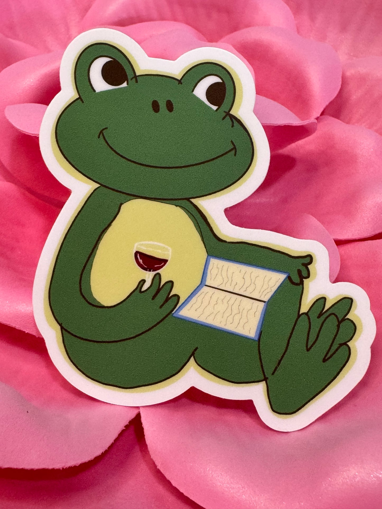 Froggy Books and Wine Sticker, Frog Drinking Red Wine While Reading His Favorite Book, Waterproof, Frog Theme Decoration, Vinyl Sticker