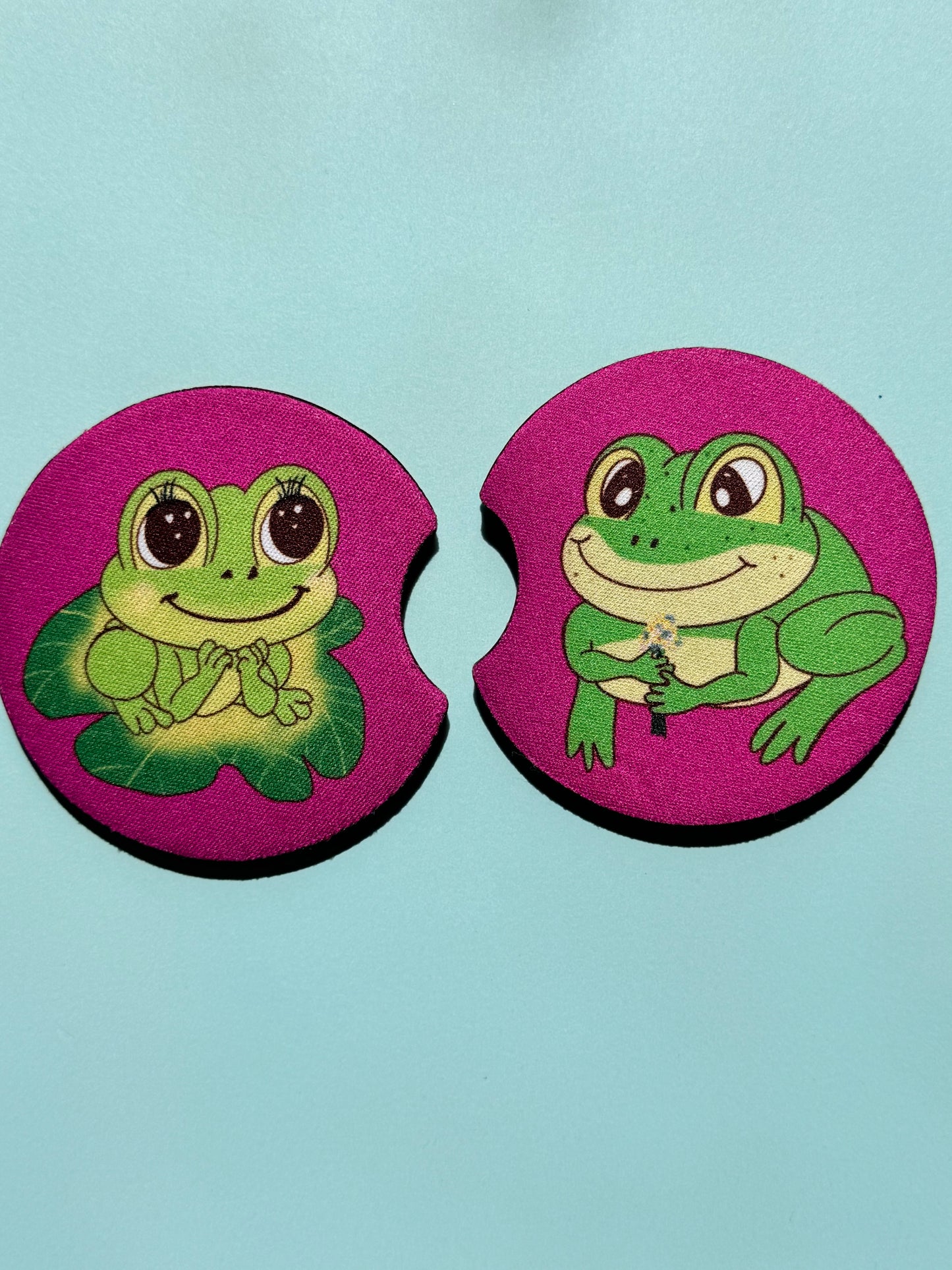 Frog Rubber Car Coasters Set Of 2, Adorable Frog Couple In Love, Boyfriend and Girlfriend