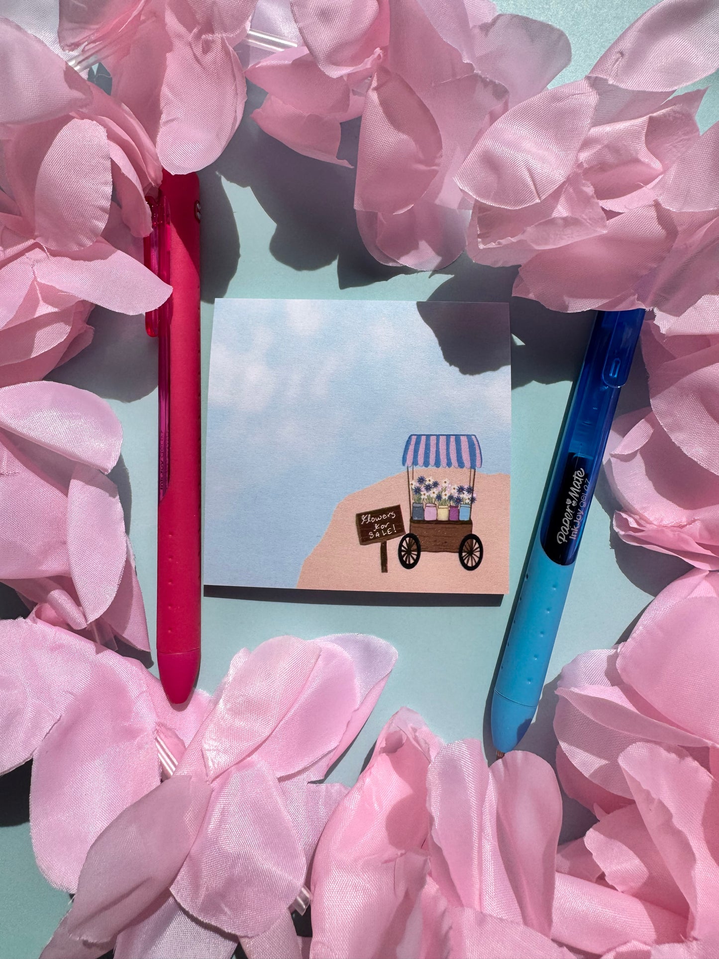 Flower Cart On A Pretty Beach Sticky Note, Flowers For Sale, Post A Note, Notepads For Spring and Summer, Hand Drawn