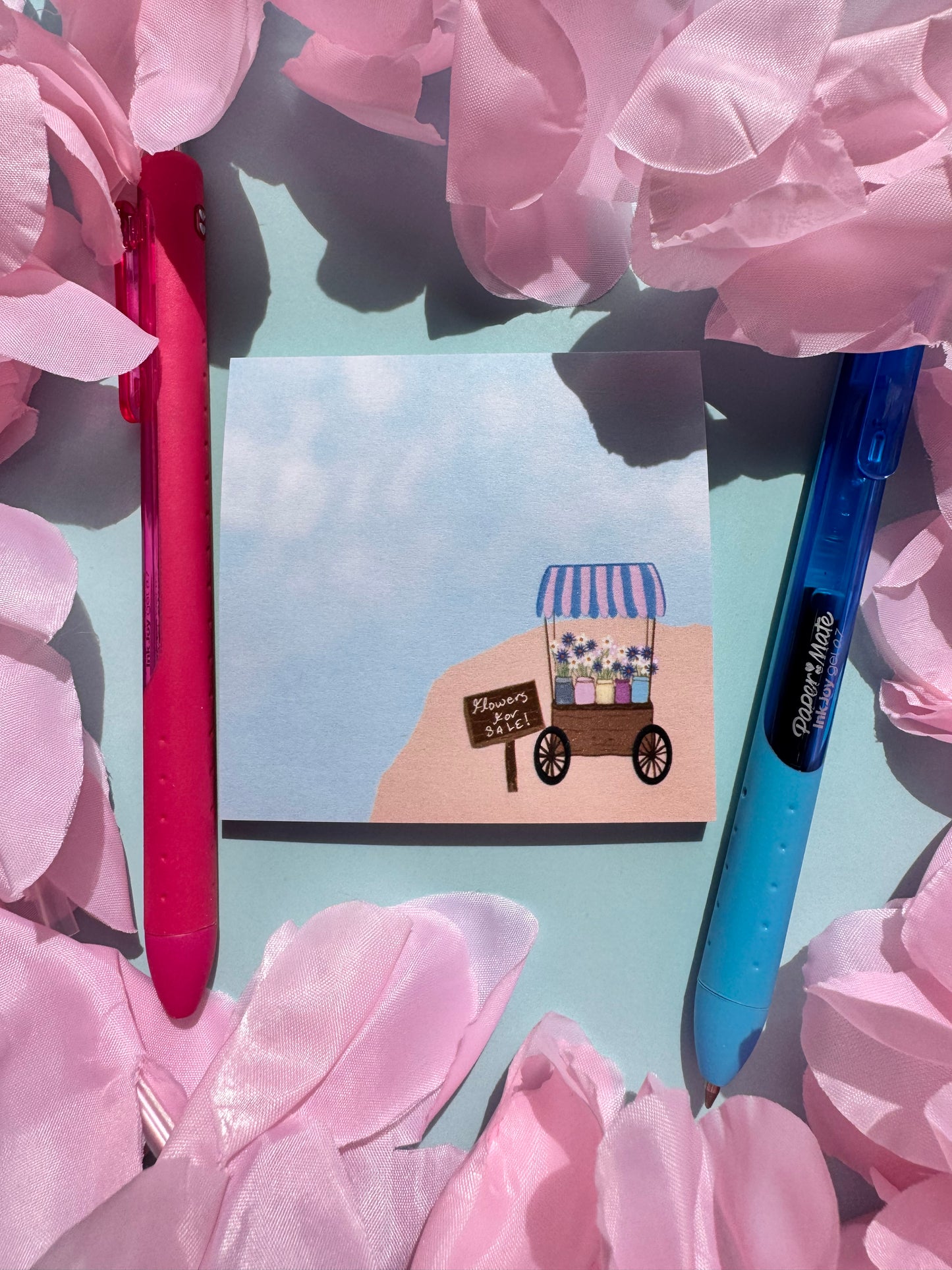Flower Cart On A Pretty Beach Sticky Note, Flowers For Sale, Post A Note, Notepads For Spring and Summer, Hand Drawn